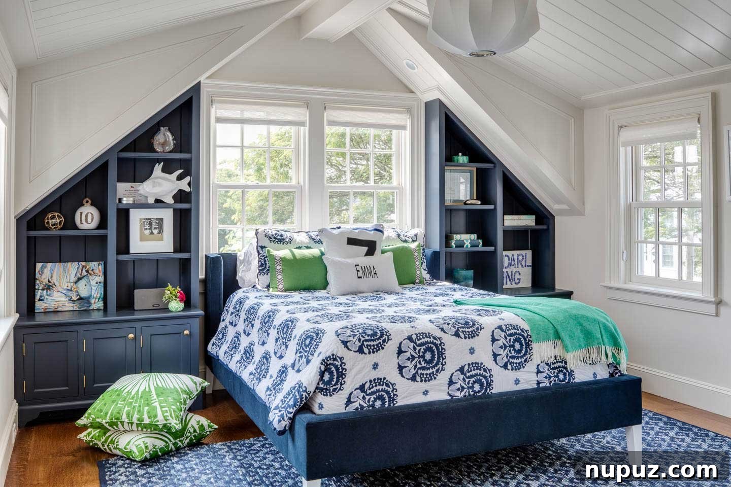 Blue and white themed guest bedroom in Chatham beach house
