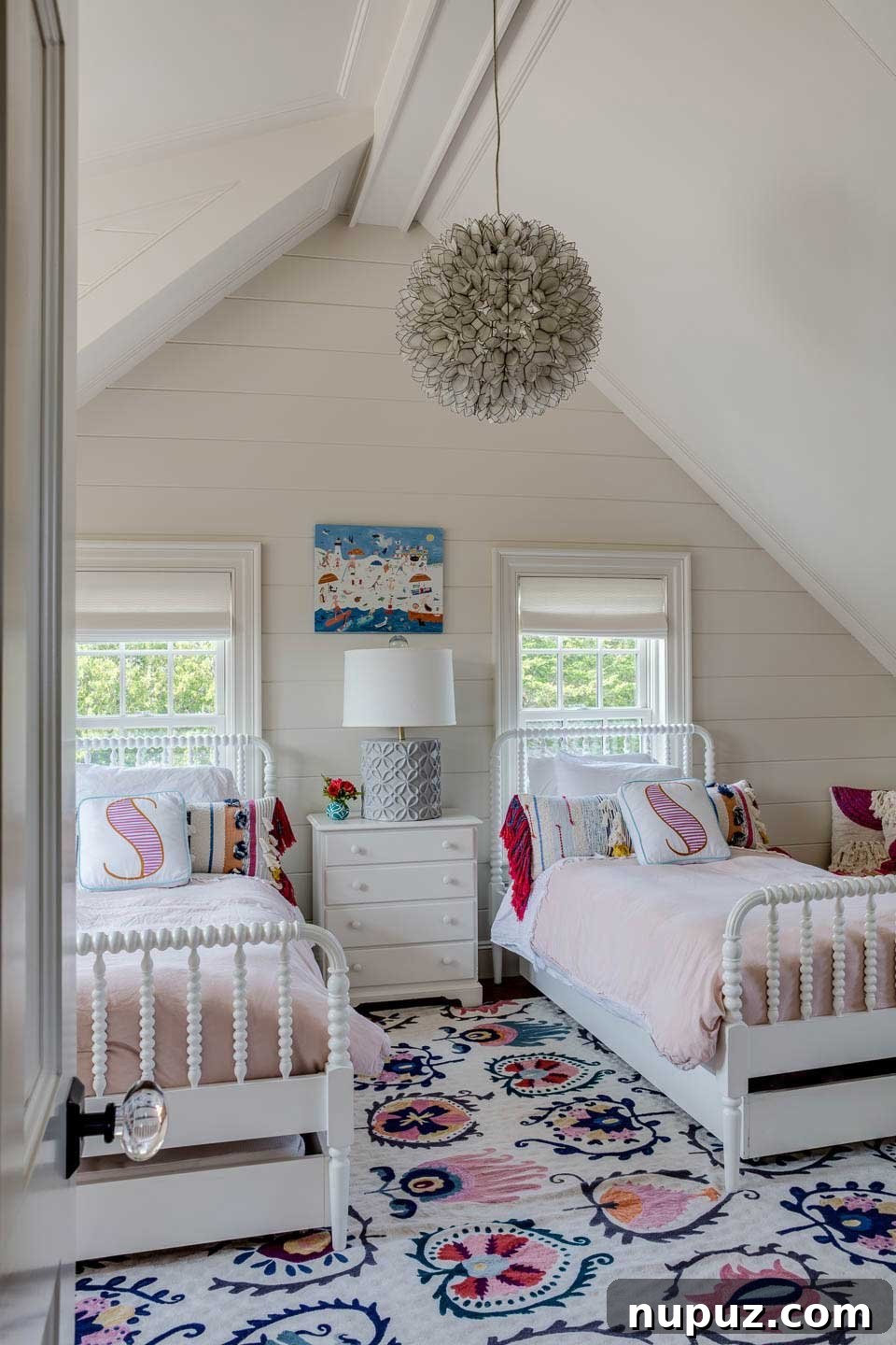 Red and white charming guest bedroom in a Chatham beach house