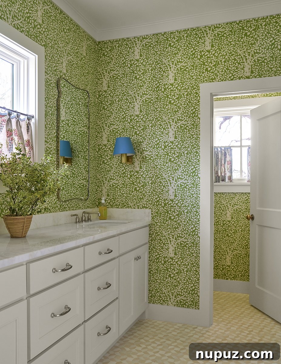 Elegant Bathroom with Green and White Wallpaper in Mary Beth Wagner's Cabin