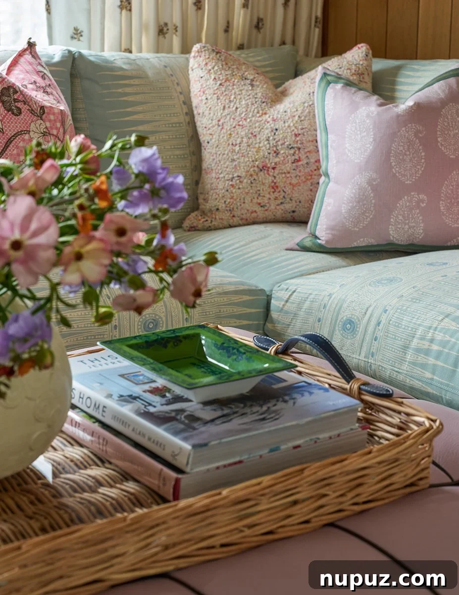 Inviting Living Room with Modern Art and Warm Fabric Colors by Mary Beth Wagner