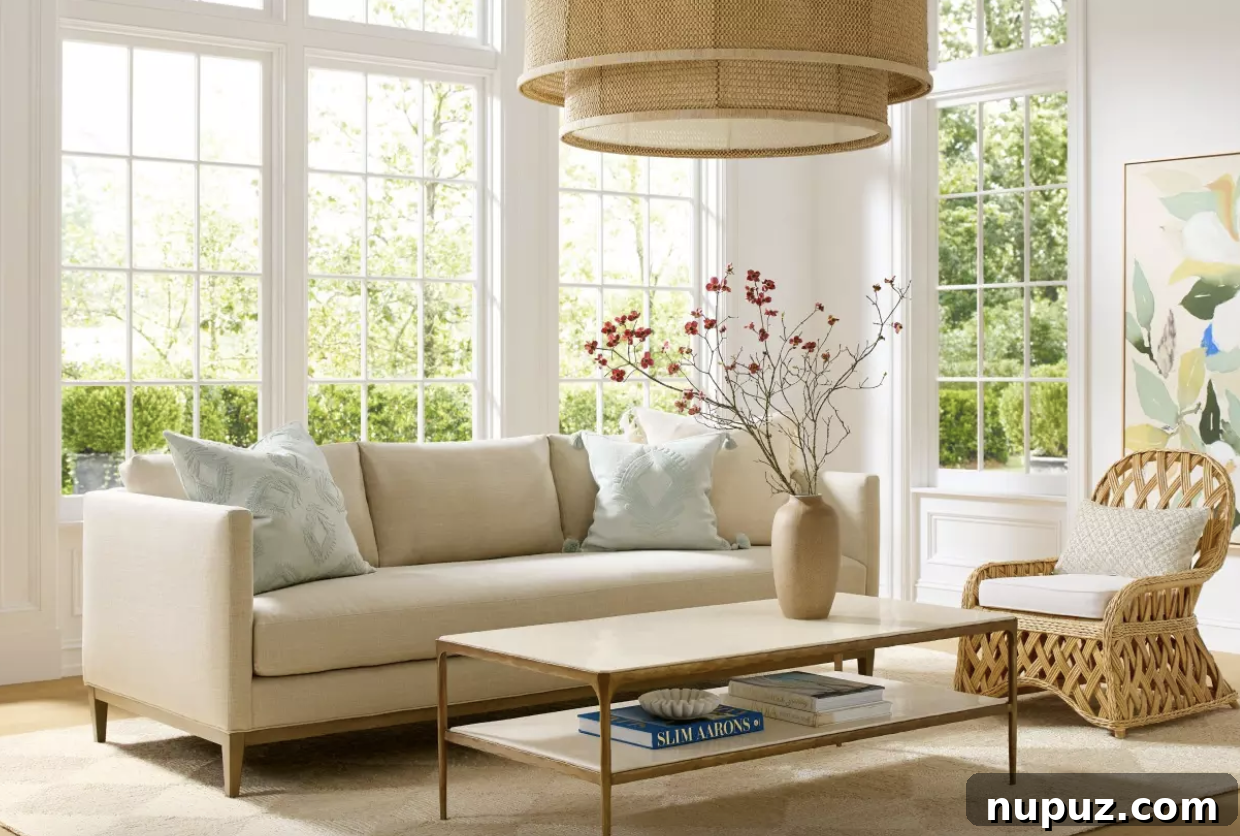 A bright and airy living room featuring light furniture, natural wood accents, and abundant sunshine, ideal for summer living.