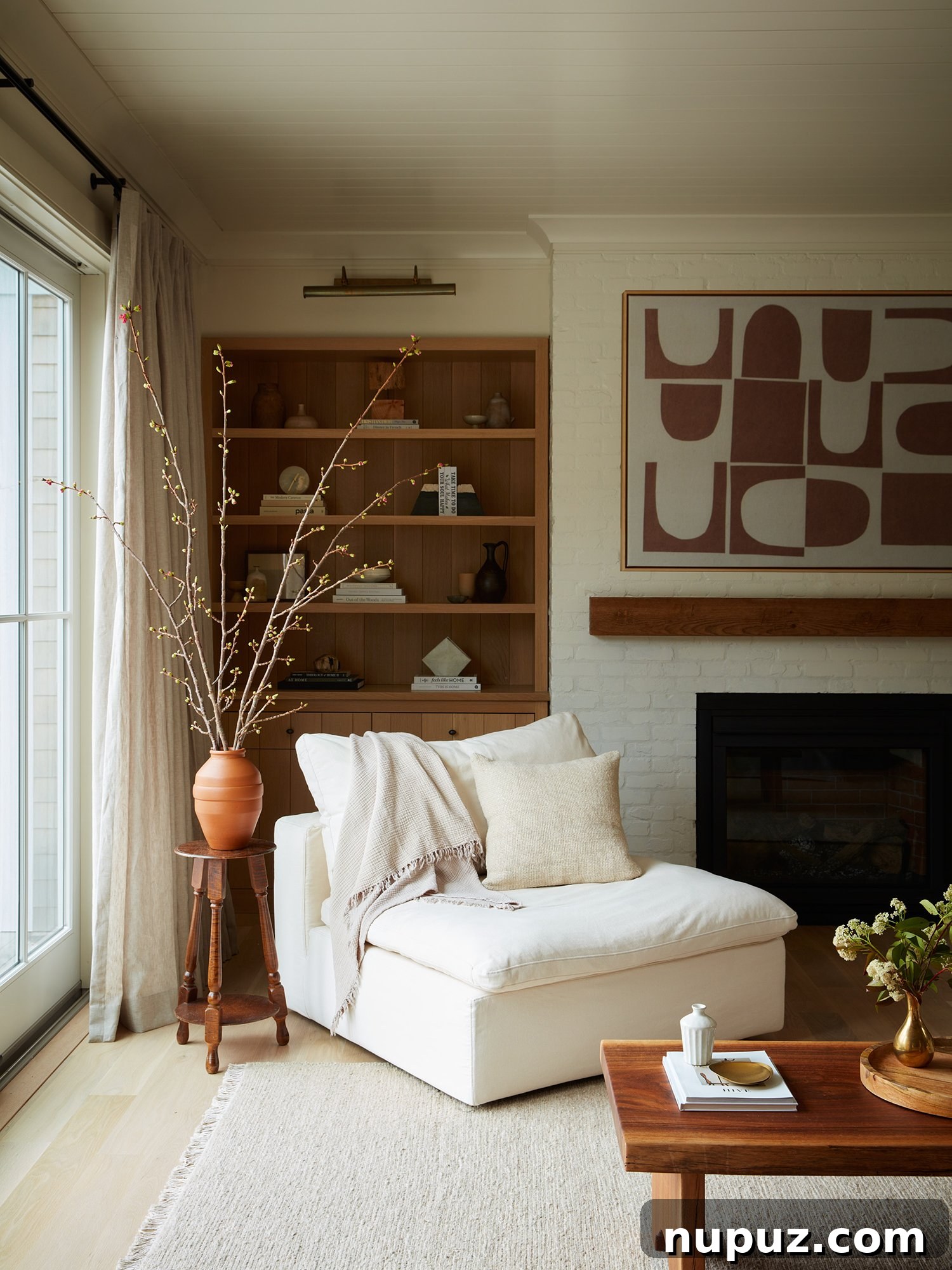 An elegant Ursino Interiors living room with a neutral palette, featuring a long, low-slung sofa, a rustic wooden side table, and modern art. The emphasis is on refined comfort and understated luxury.