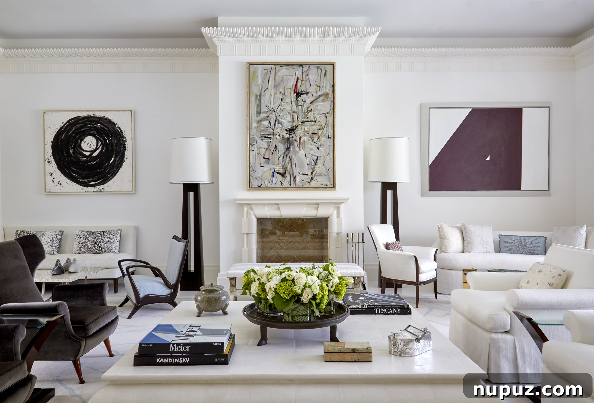 Inside a Palm Beach Home Redefining Modern Elegance 5 A closer view of the beautifully appointed living room, emphasizing intricate details, modern art, and a sophisticated color scheme in this Enda Donagher and Elizabeth Martell designed estate.