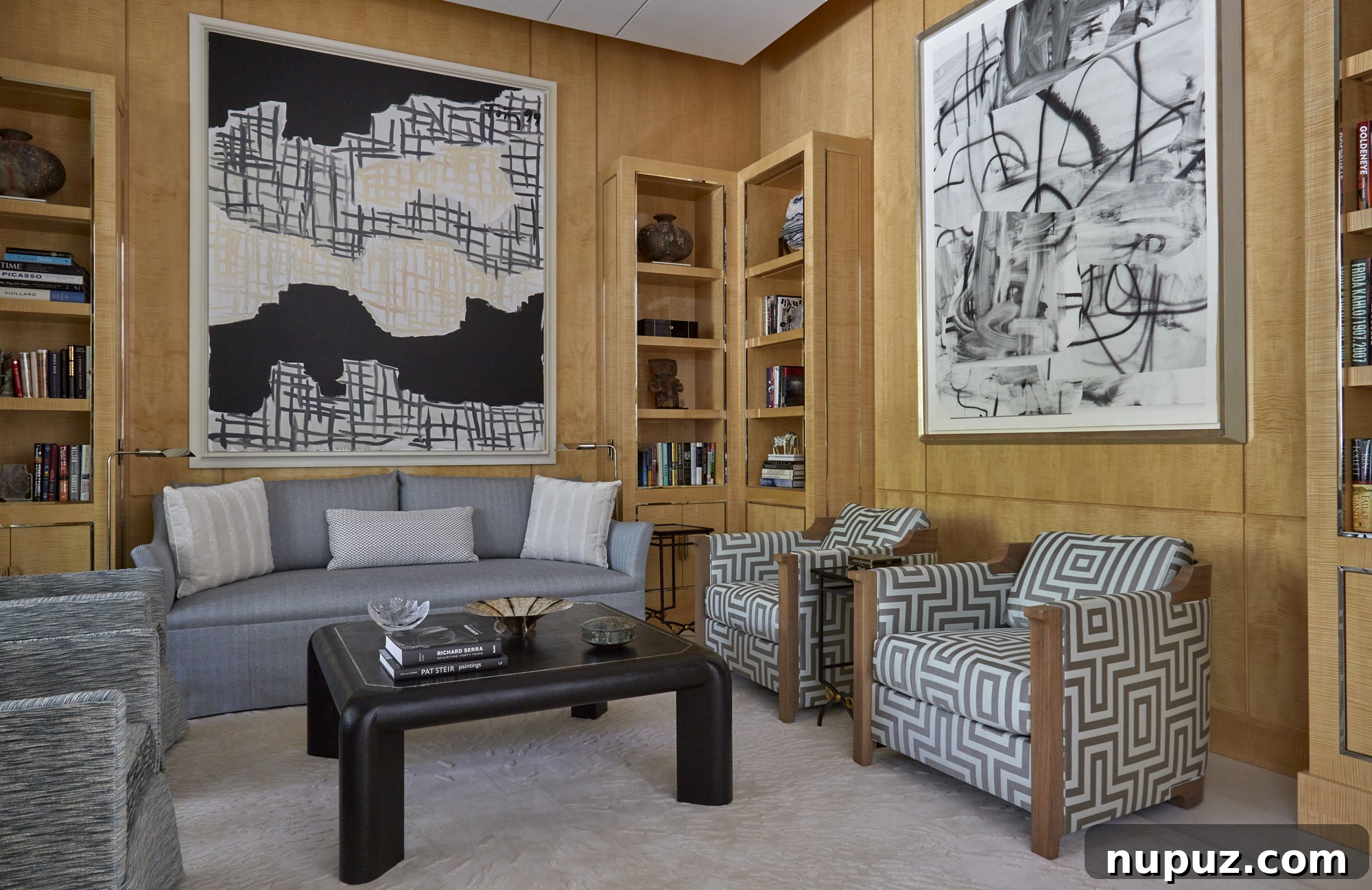 Inside a Palm Beach Home Redefining Modern Elegance 6 Striking black and white modern art installation commanding attention in the living area, complemented by understated luxury furnishings.