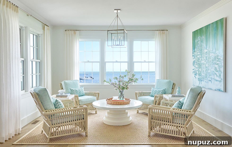 A beautifully arranged coastal living room by Nina Liddle Design, featuring four perfectly placed chairs and a soothing blue and white scheme, photographed by Jane Beiles.