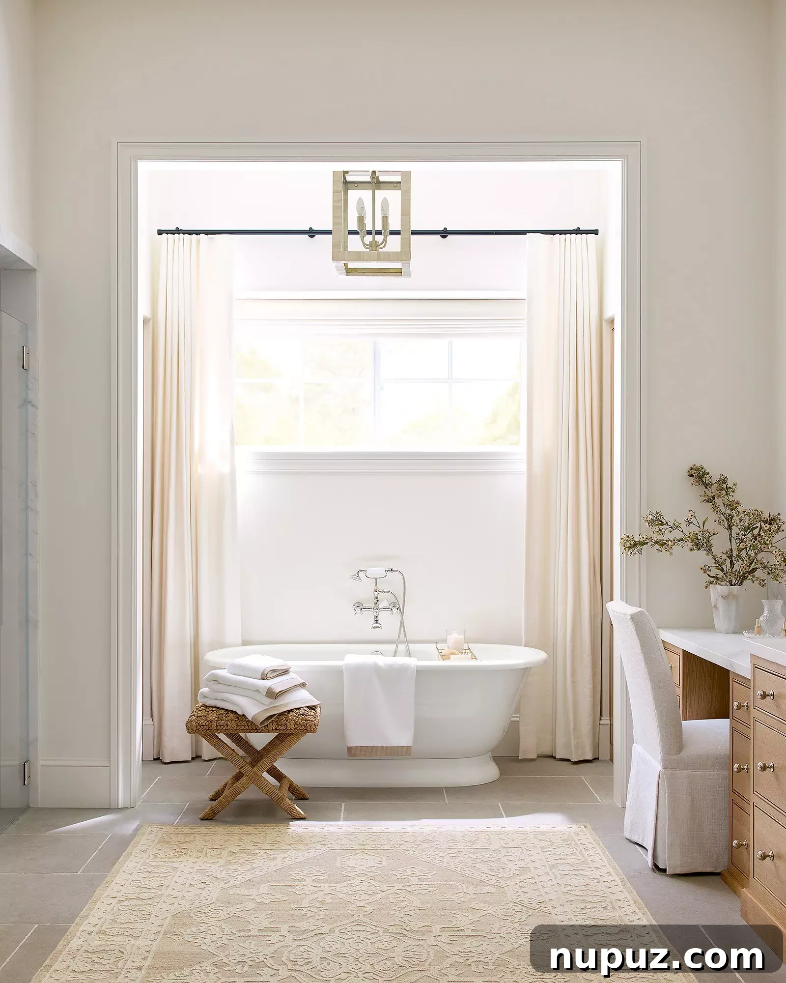 Neutral paint colors create a warm and soothing spa-like bathroom from Serena and Lily