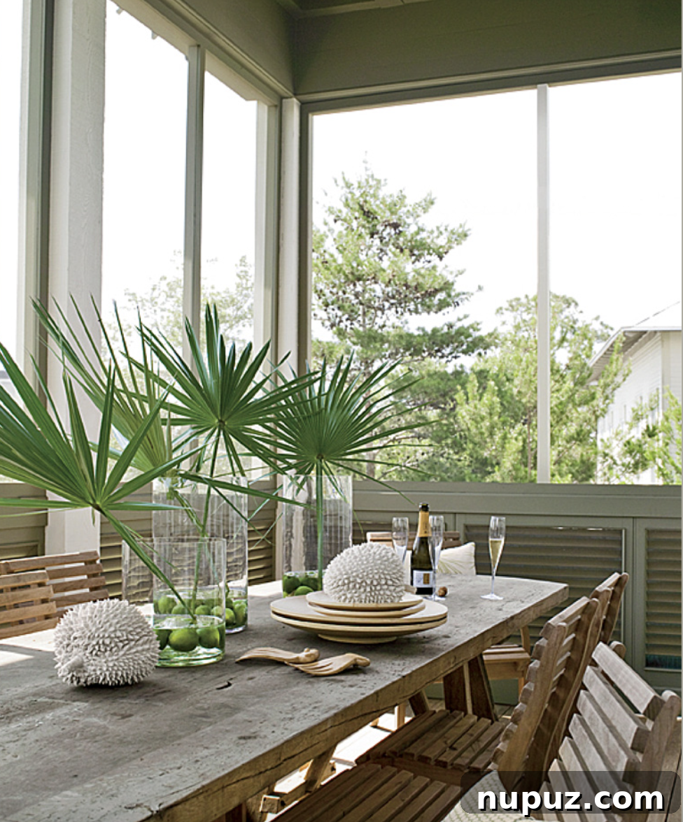 Inviting screened porch perfect for dining al fresco, designed by Liz Hand Woods Interiors and Paul Bates Architect, blending comfort with outdoor living.