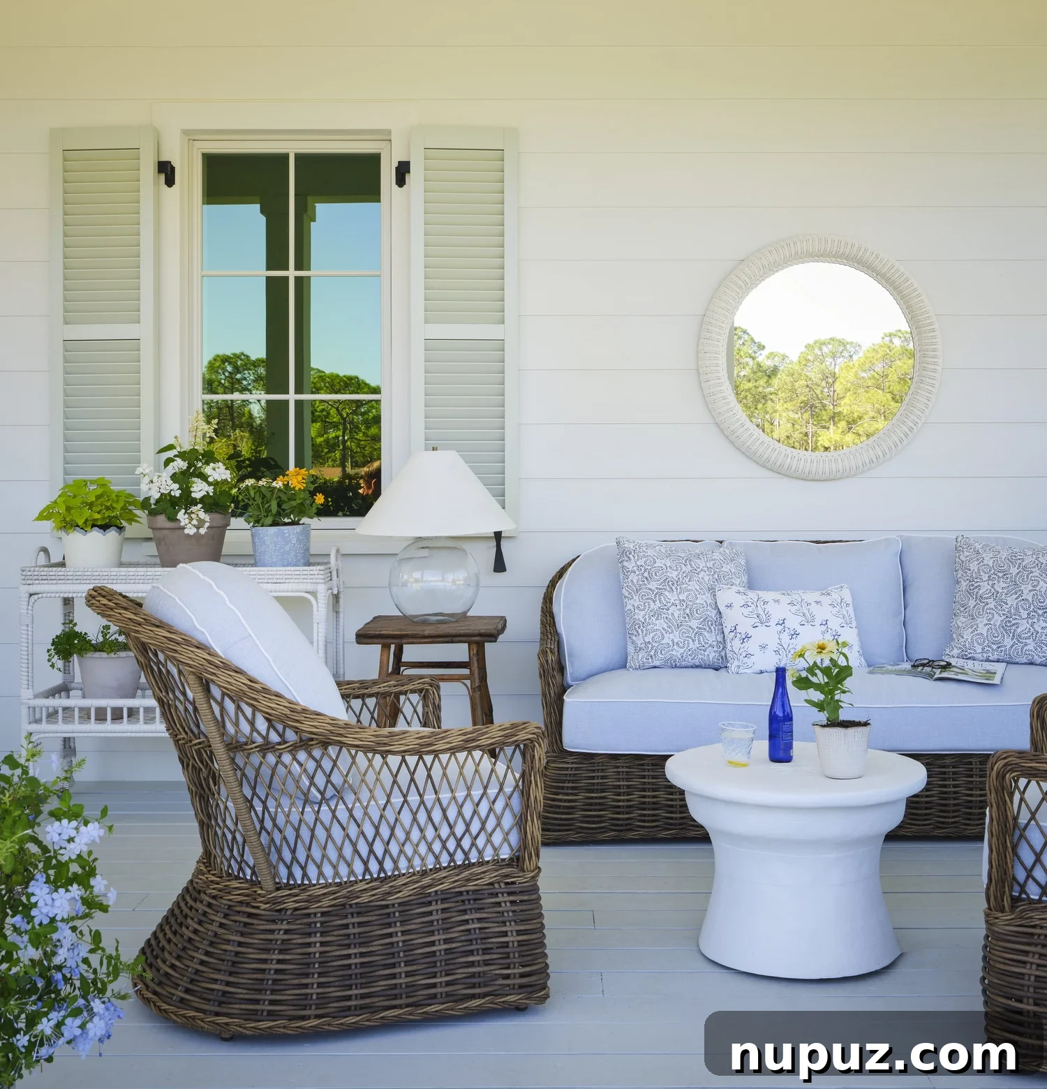 Kara Miller's Farmhouse Retreat 18 Inviting farmhouse porch adorned with comfortable wicker furniture, offering a serene outdoor living space perfect for relaxation, designed by Kara Miller. Photography by Brantley Photography.