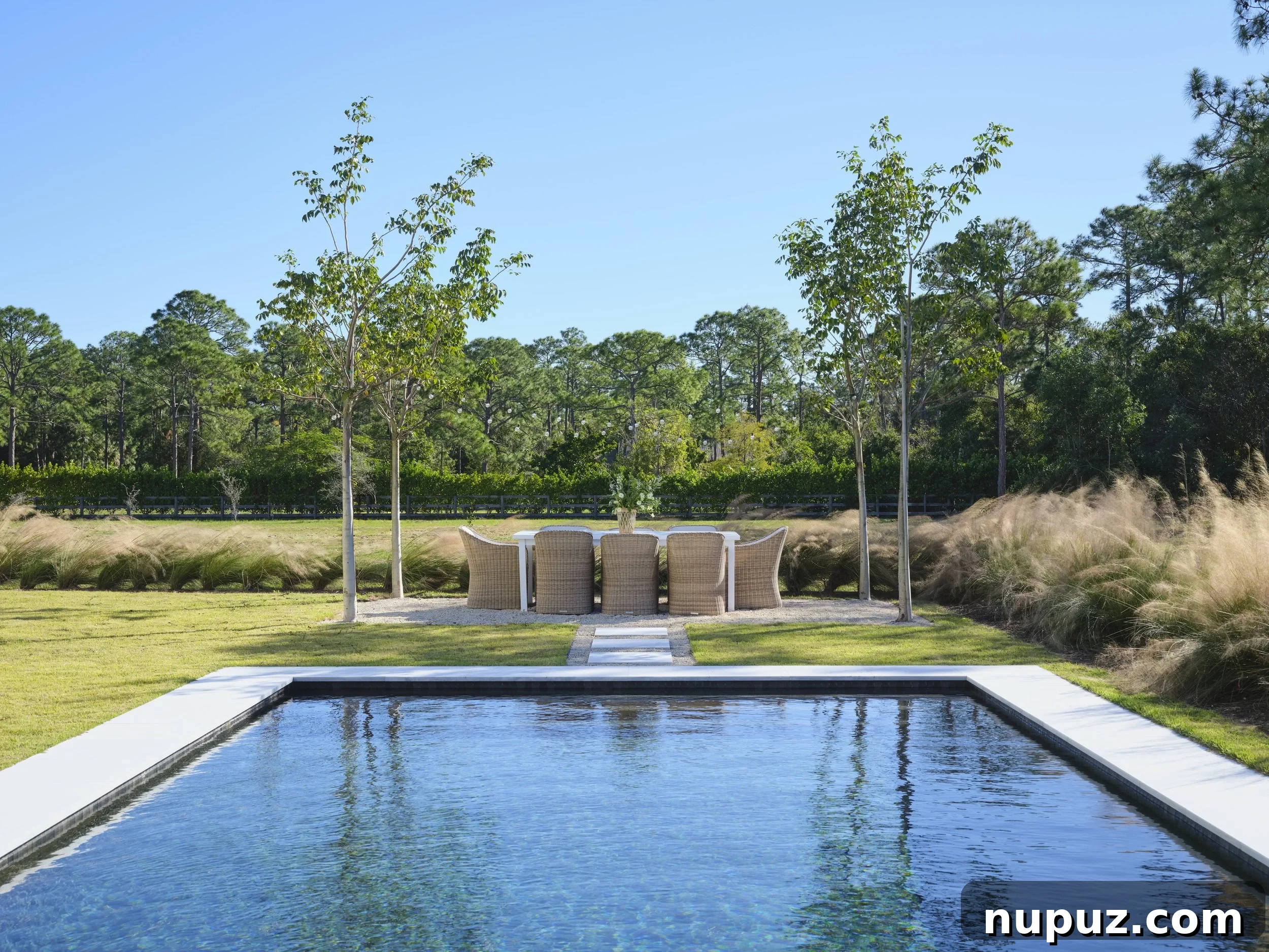 Kara Miller's Farmhouse Retreat 19 Luxury pool area with a dedicated outdoor dining space featuring stylish wicker chairs, part of Kara Miller's stunning outdoor design, perfect for entertaining. Photography by Brantley Photography.