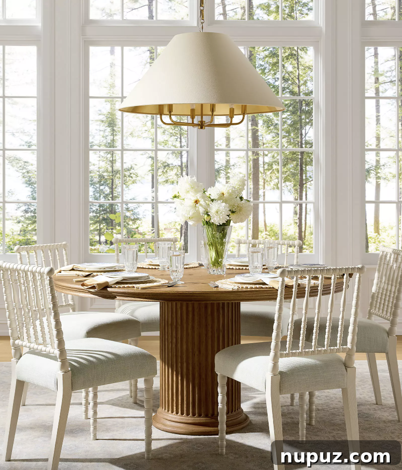 Elegant dining room interior with natural light and sophisticated decor.