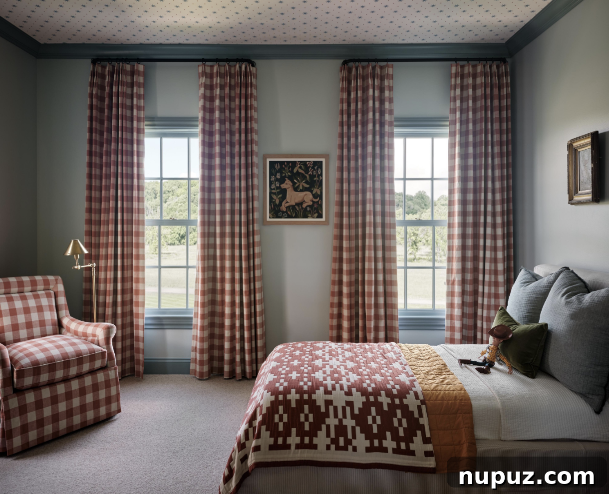 Layering for Impact: Interior Design with Stephanie Sabbe 7 A vibrant yet sophisticated bedroom featuring a brick red and blue color scheme, another stunning design by Stephanie Sabbe, photographed by Joseph Bradshaw.