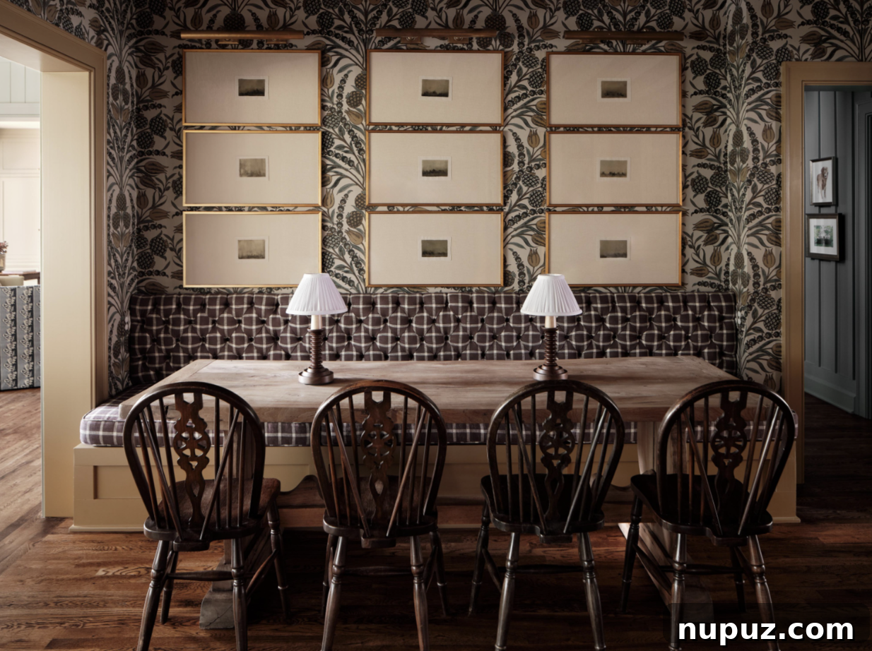 Elegant dining room in Stephanie Sabbe's Catskills home project, featuring a tasteful gallery wall, classic dining table, and chairs, designed for both everyday meals and special occasions.