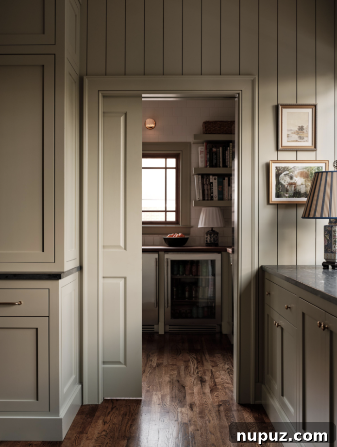 Charming and practical mudroom in a Stephanie Sabbe-designed home, featuring sage green paneled walls, built-in storage, and thoughtful details, creating an organized and welcoming entryway.