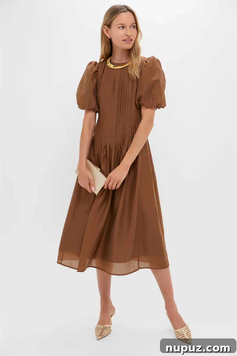 Chic Fall Style - love this brown pleated dress, perfect for transition to fall