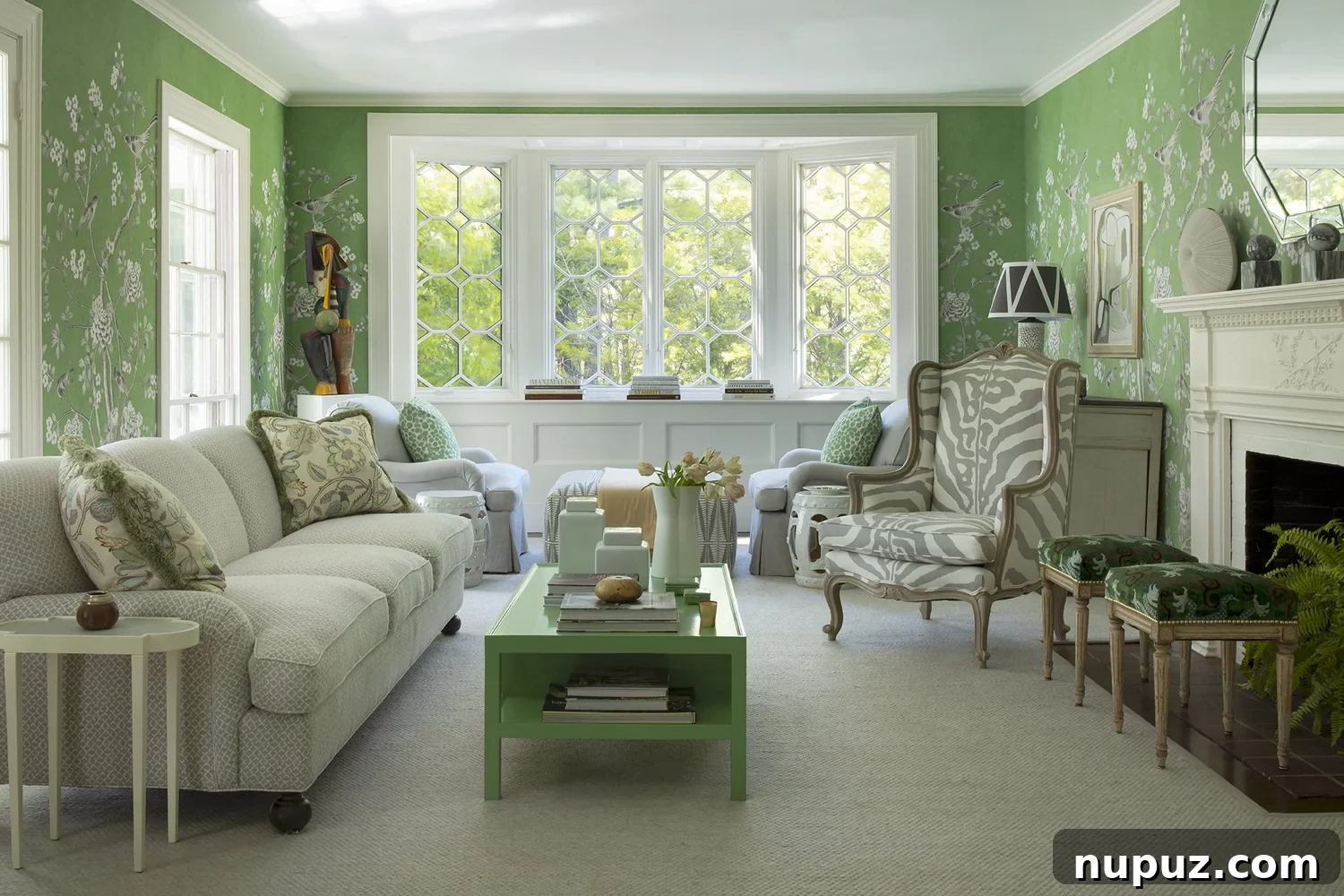 Chic living room with a large window and elegant drapes, providing abundant natural light in a Honey Collins design.