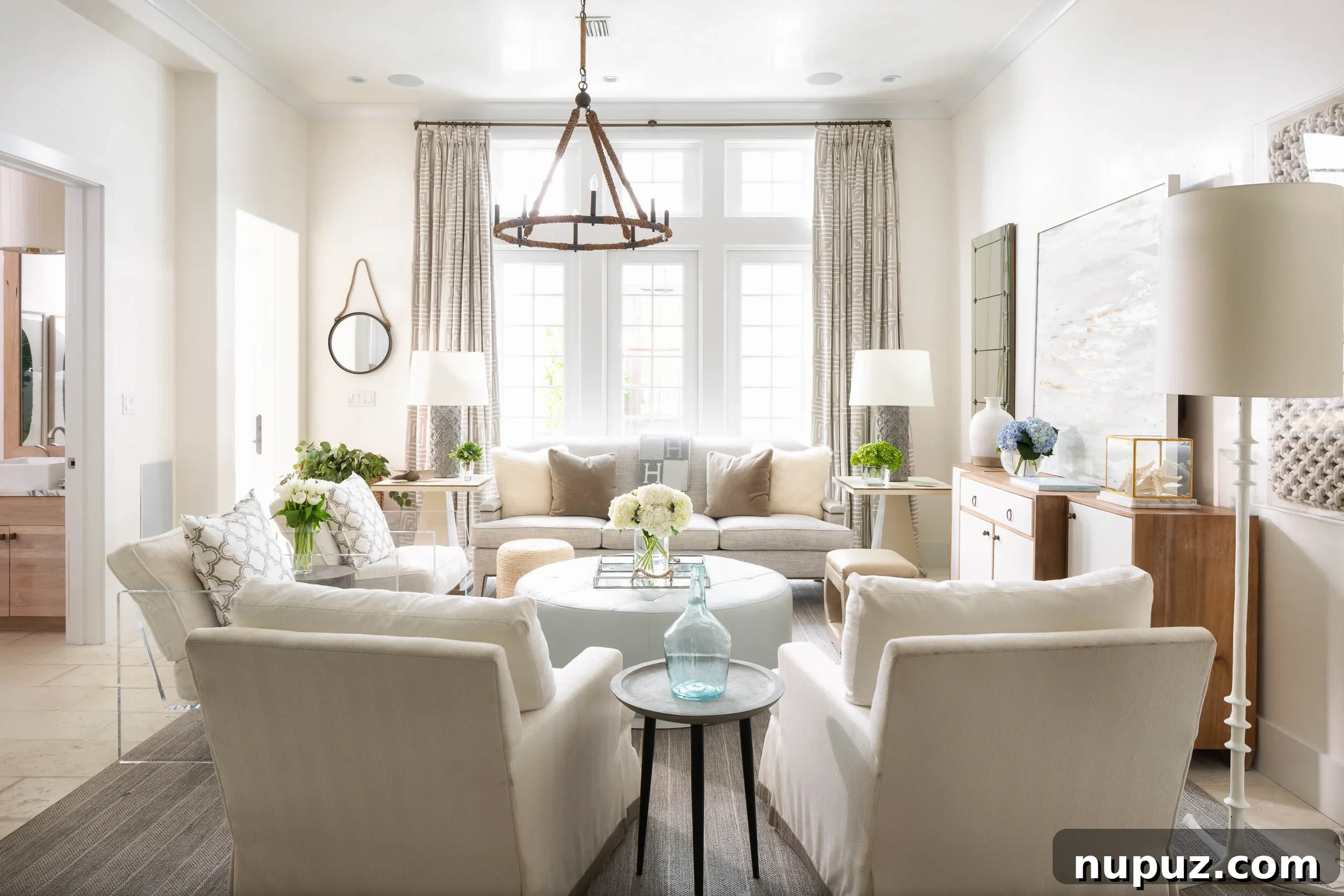 Spacious and bright living room with white slipcovered sofas, a large ornate mirror, natural wood coffee table, and tall windows adorned with flowing drapes.