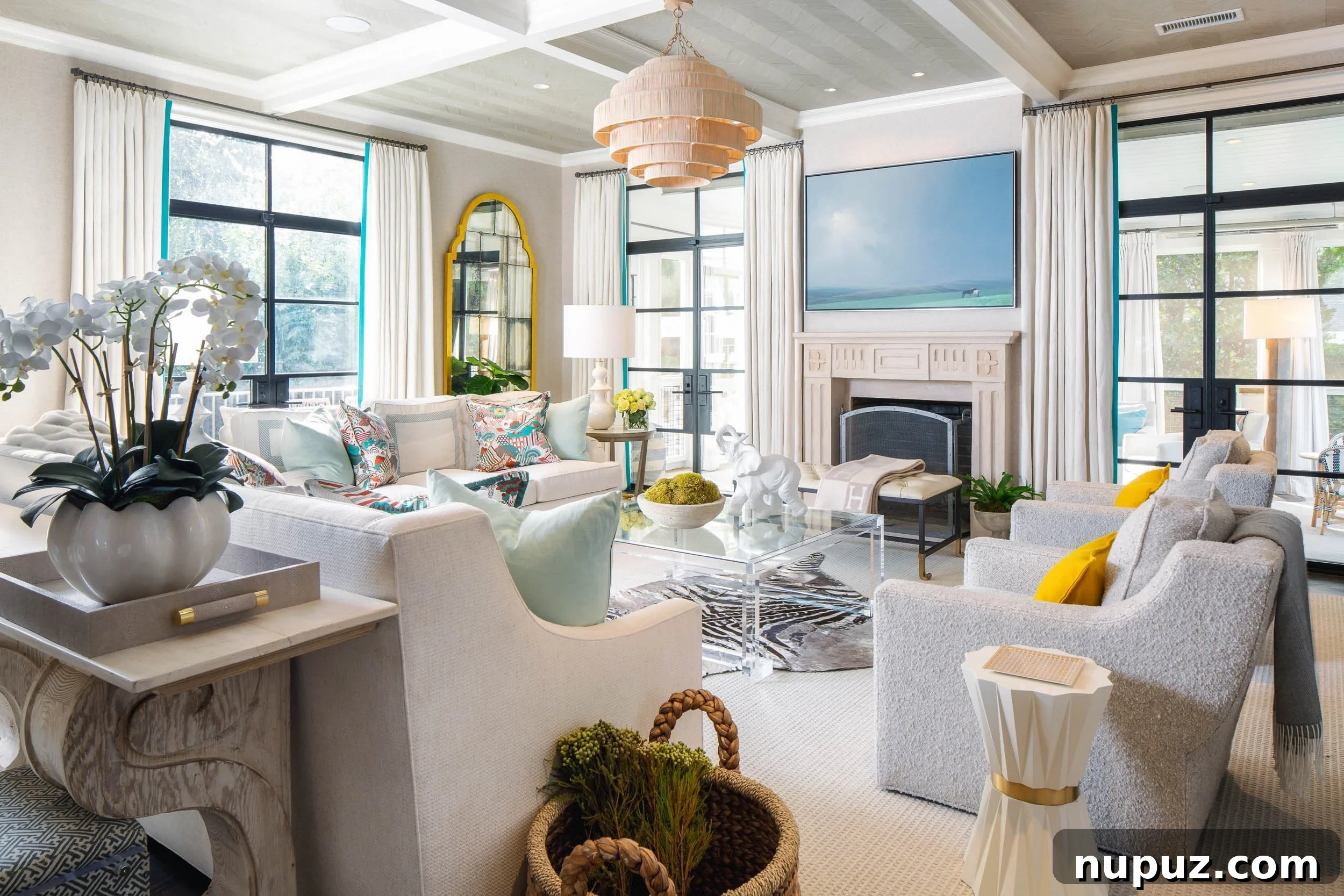 Bright living room with a white sofa, woven armchairs, a large area rug, and an elegant console table, filled with natural light.