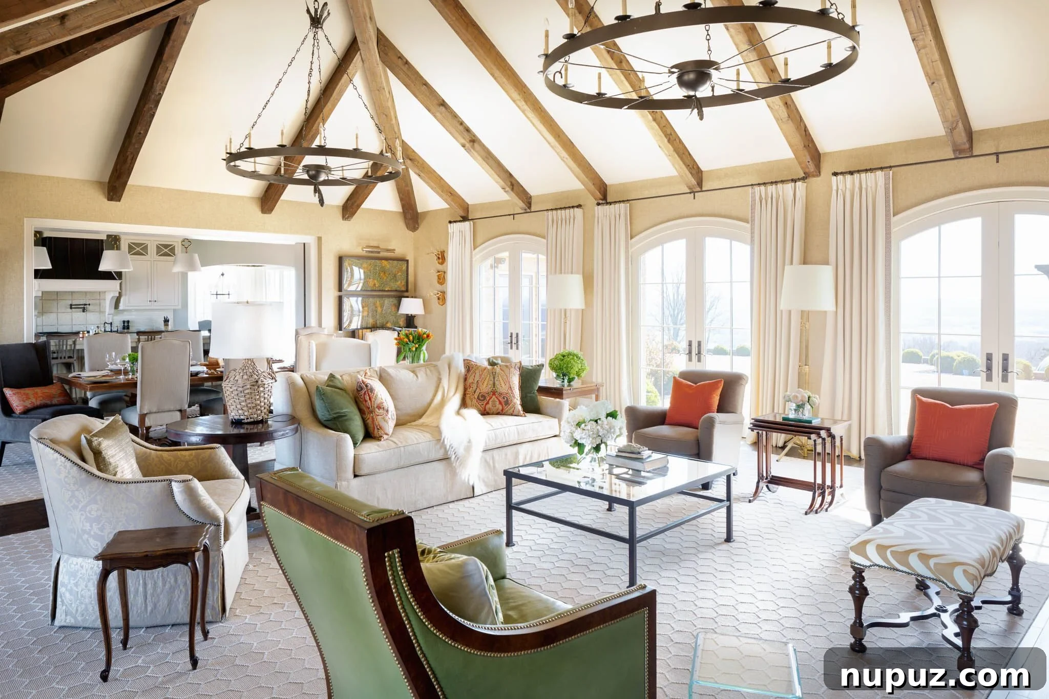 Luxurious living room with a grand piano, a large sectional sofa, elegant drapery, and French doors leading to an outdoor space, showcasing sophisticated design.