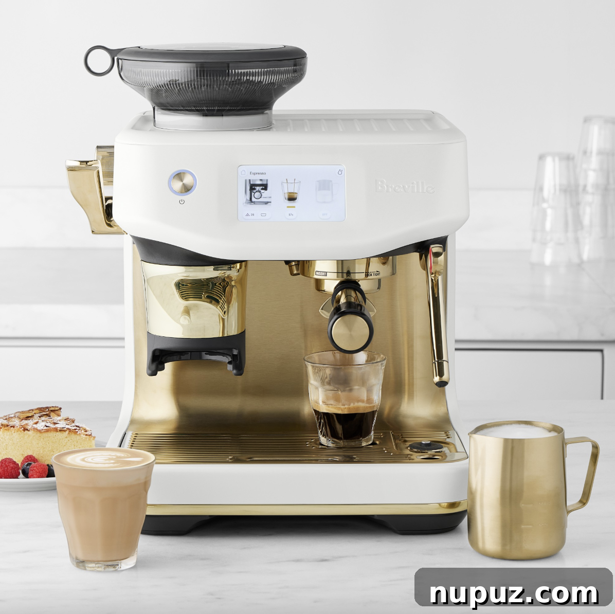 Designers' Own Masterpieces 3 The sleek and sophisticated Breville Barista Express coffee machine, a staple in many modern designer kitchens, is showcased against a minimalist backdrop. Its chrome finish and intuitive design speak to both functionality and high-end aesthetics, embodying quality and convenience.