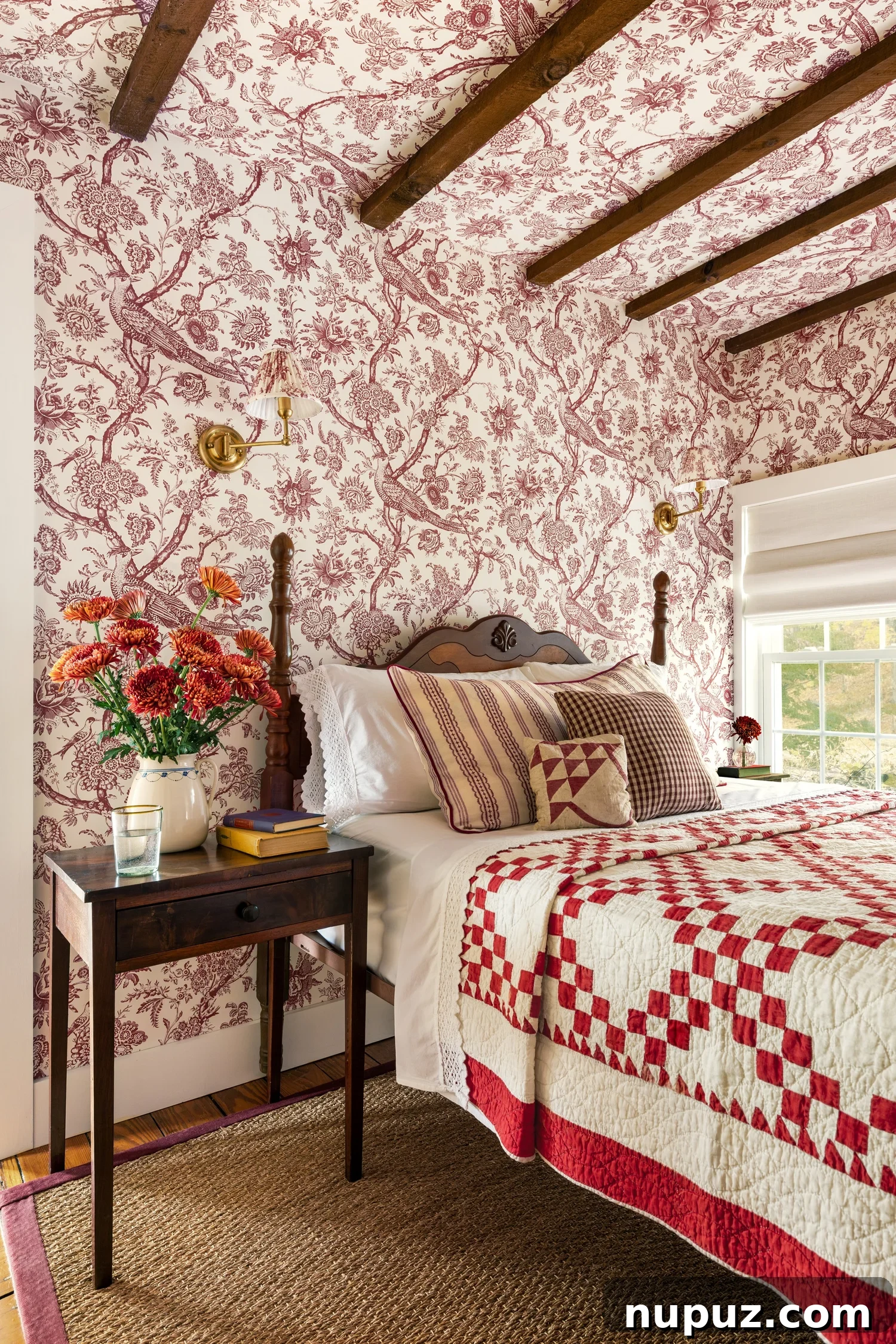 Discover 6 ways to make your home inviting. From simple decor updates to warm lighting ideas, create a space you’ll love! Ariel Okin Interior Design | Julie Leffell Photography - love the red and white quilt in this bedroom with wood beams and red and white wallpaper