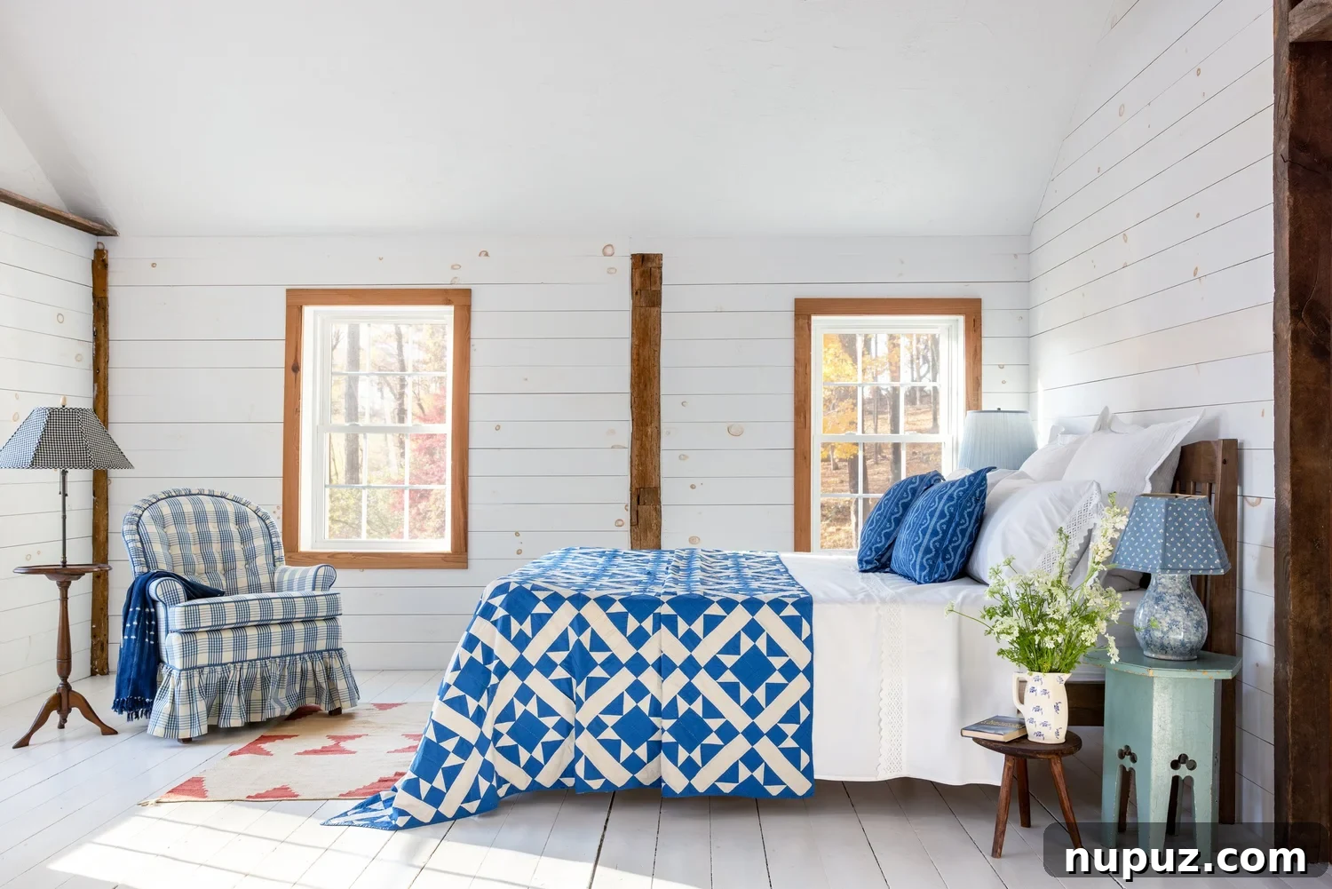 From simple decor updates to warm lighting ideas, create a space you’ll love! Ariel Okin Interior Design | Julie Leffell Photography - Love the blue an white quilt in this bedroom
