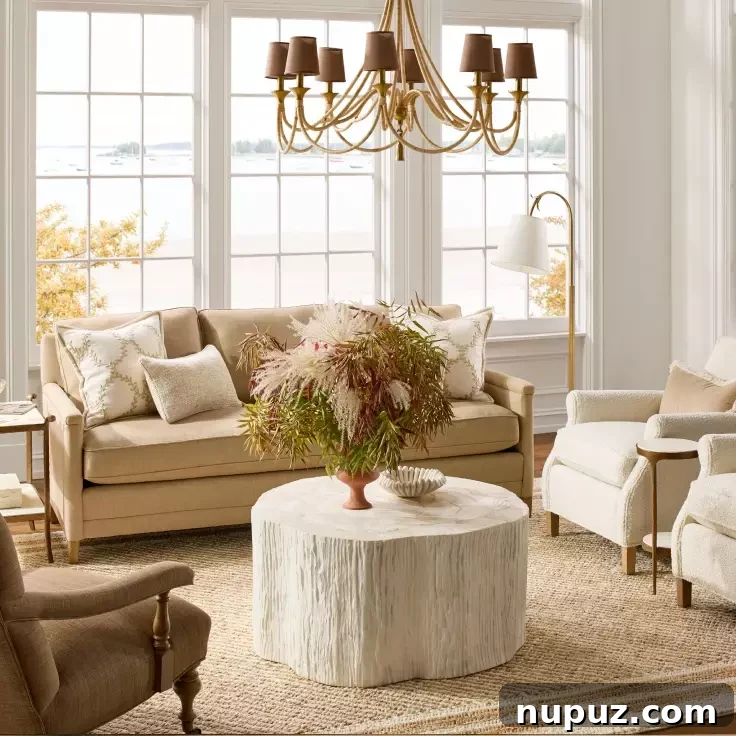Stylish Serena & Lily bench in a bright, coastal-inspired living room with neutral tones and natural textures, perfect for fall decorating.