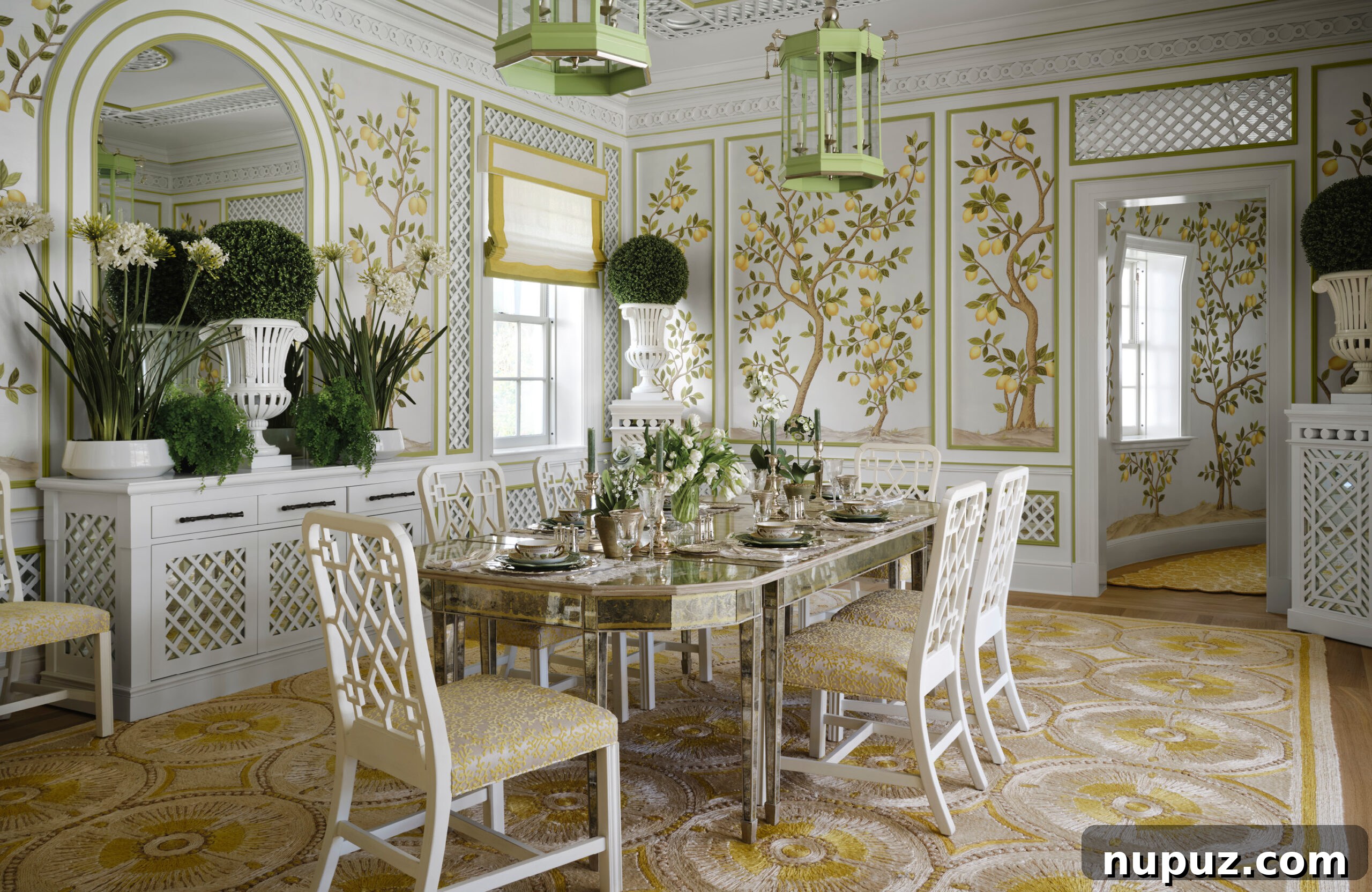Designing Your Magnificent Life 3 A vibrant and elegant dining room featuring a distinctive lemon tree patterned wallpaper, a classic wooden table, and stylish dining chairs, captured beautifully in Hilfiger Homes.