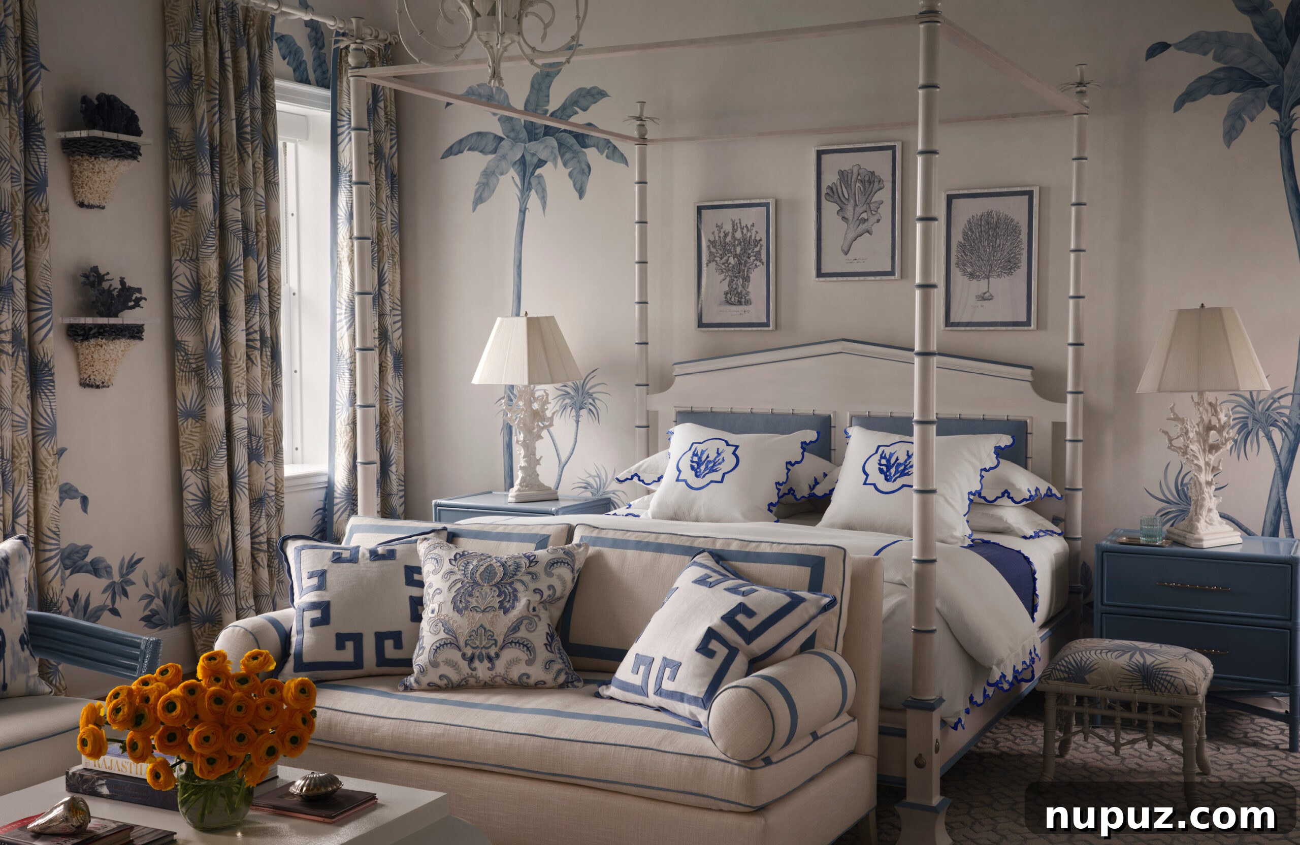 Designing Your Magnificent Life 4 Experience serenity: A beautiful bedroom adorned in calming blue and white hues, featuring a luxurious canopy bed, plush textiles, and refined furnishings, showcasing the sophisticated design principles from Hilfiger Homes.
