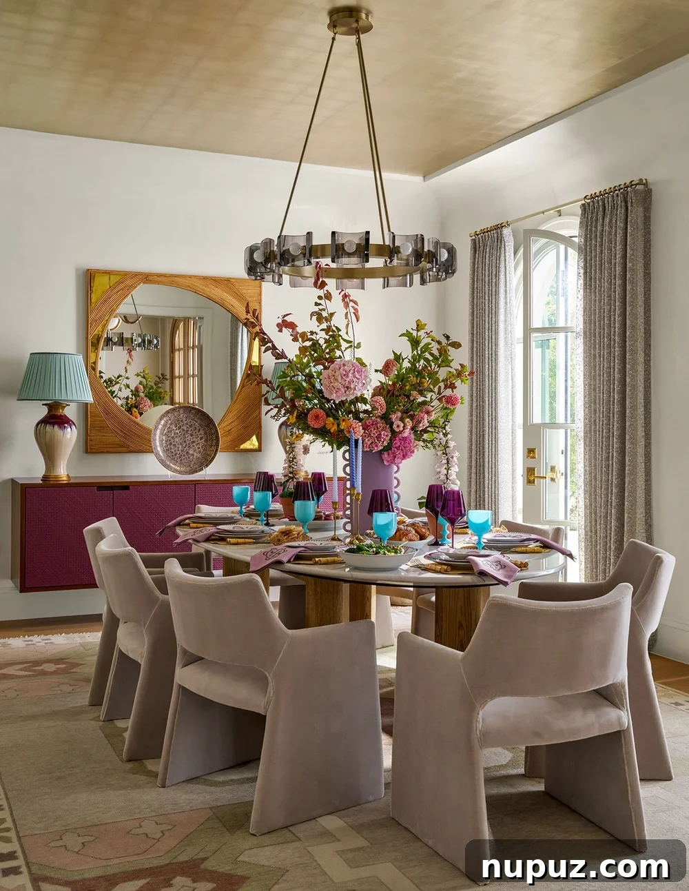 10 Exquisite Dining Rooms by Mary Beth Wagner 2 A sophisticated dining room designed by Mary Beth Wagner, featuring a grand wooden table, upholstered chairs, and elegant natural light. Photographed by Nathan Schroder.