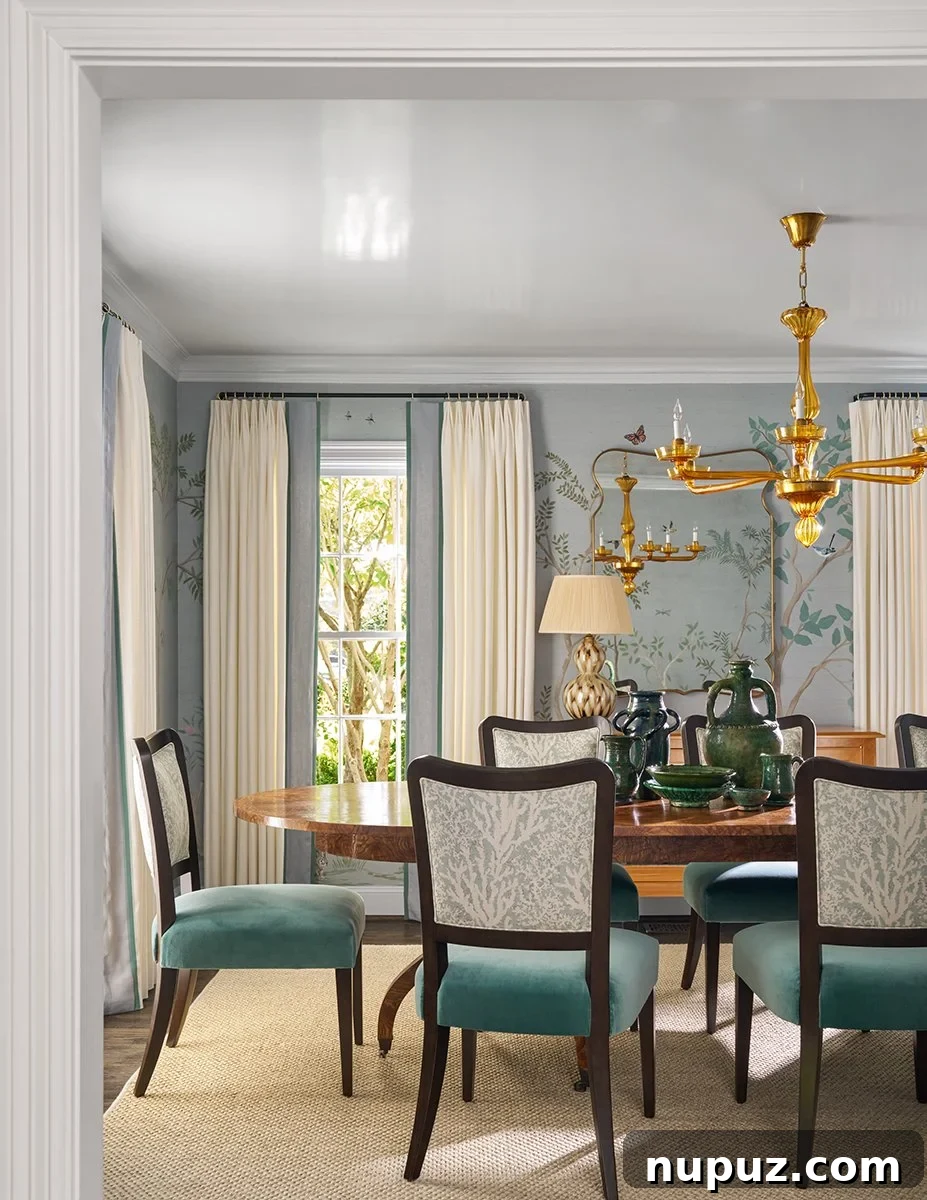 10 Exquisite Dining Rooms by Mary Beth Wagner 3 A formal dining space by Mary Beth Wagner featuring a large rectangular table, classic upholstered chairs, and elegant wall sconces. Photographed by Nathan Schroder.