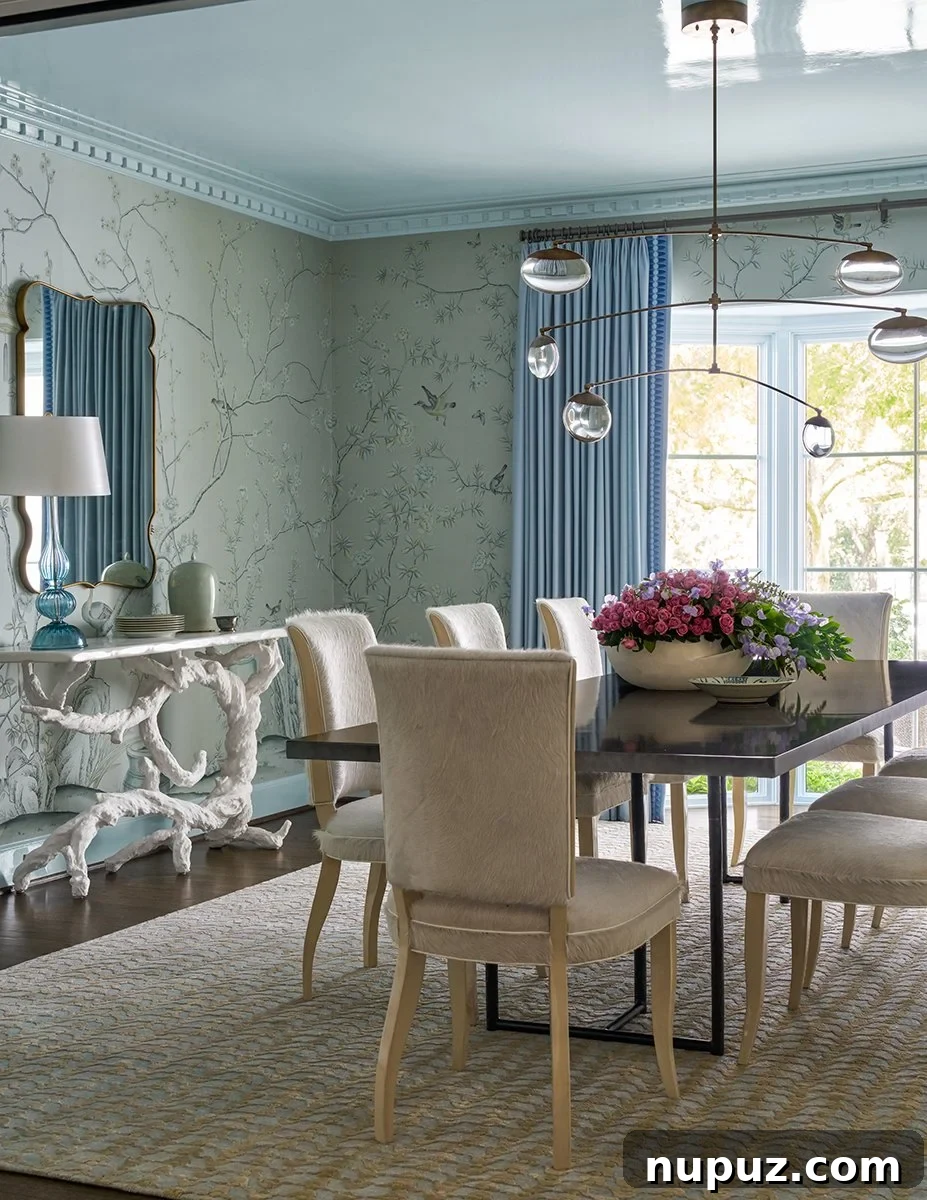 10 Exquisite Dining Rooms by Mary Beth Wagner 6 A bright and airy dining room designed by Mary Beth Wagner, featuring white paneling, a classic wooden table, and comfortable seating with light upholstery. Photographed by Nathan Schroder.