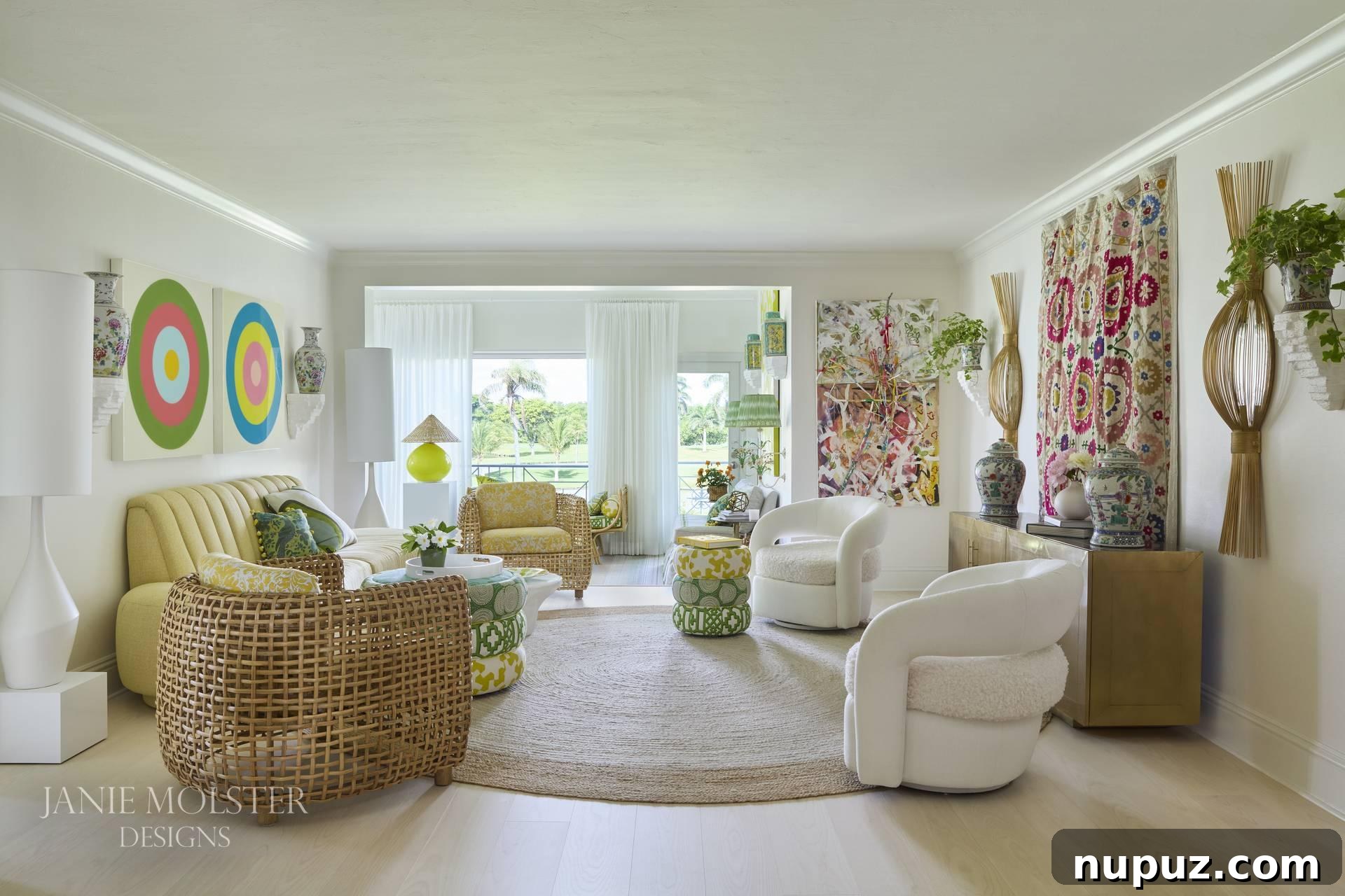 Vibrant Interiors that Spark Happiness 3 Janie Molster's colorful living room with eclectic furnishings and vibrant art in Palm Beach.