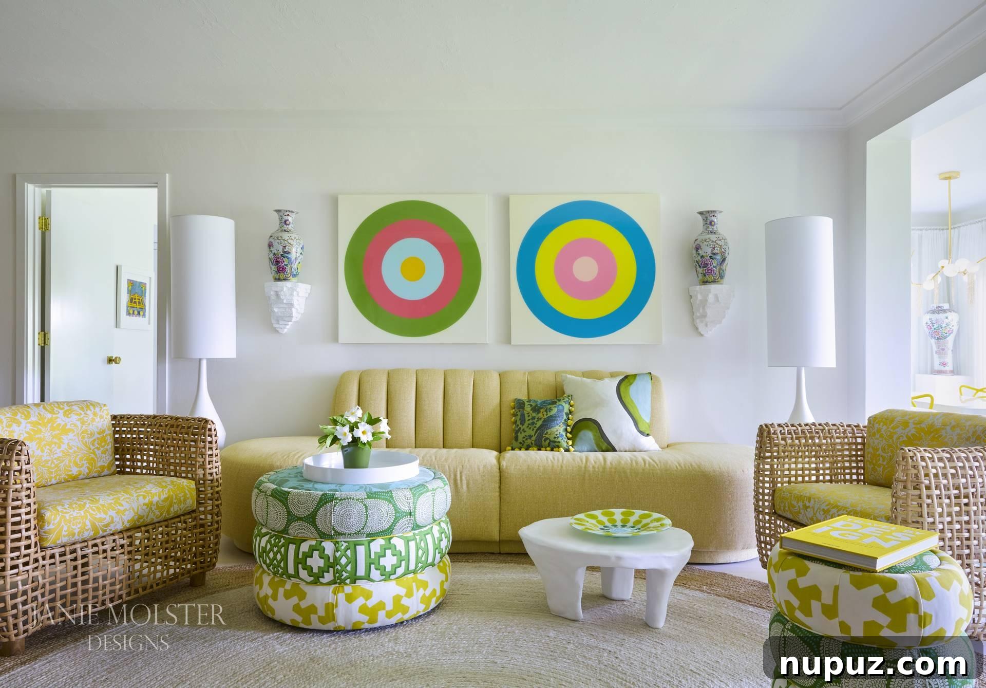 Vibrant Interiors that Spark Happiness 4 Bright and airy dining area with unique lighting and patterned chairs, designed by Janie Molster.