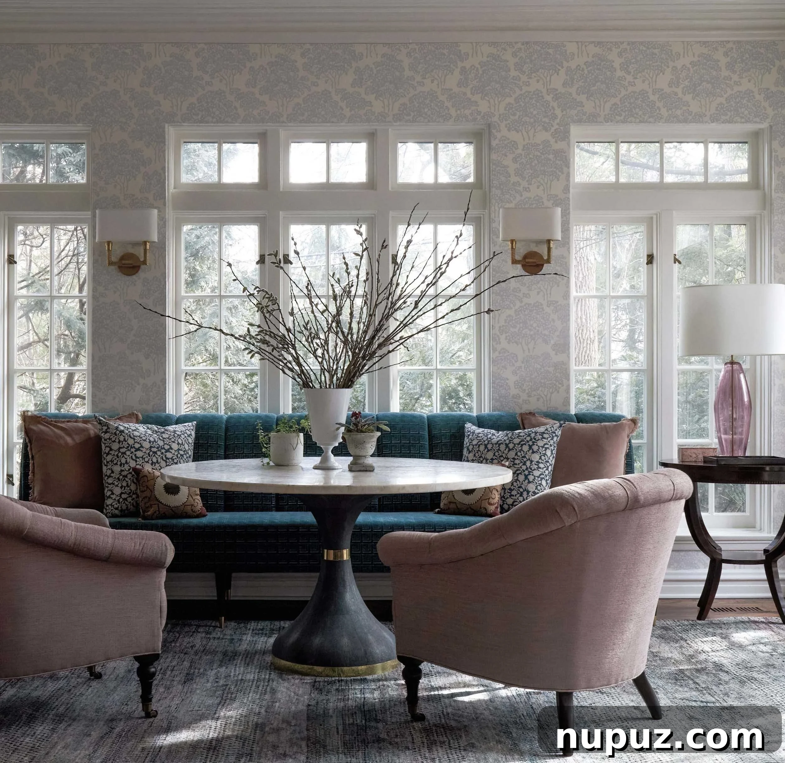 Cozy and refined Imparfait Design Studio living room with a textured rug, comfortable seating, and elegant wood furniture.