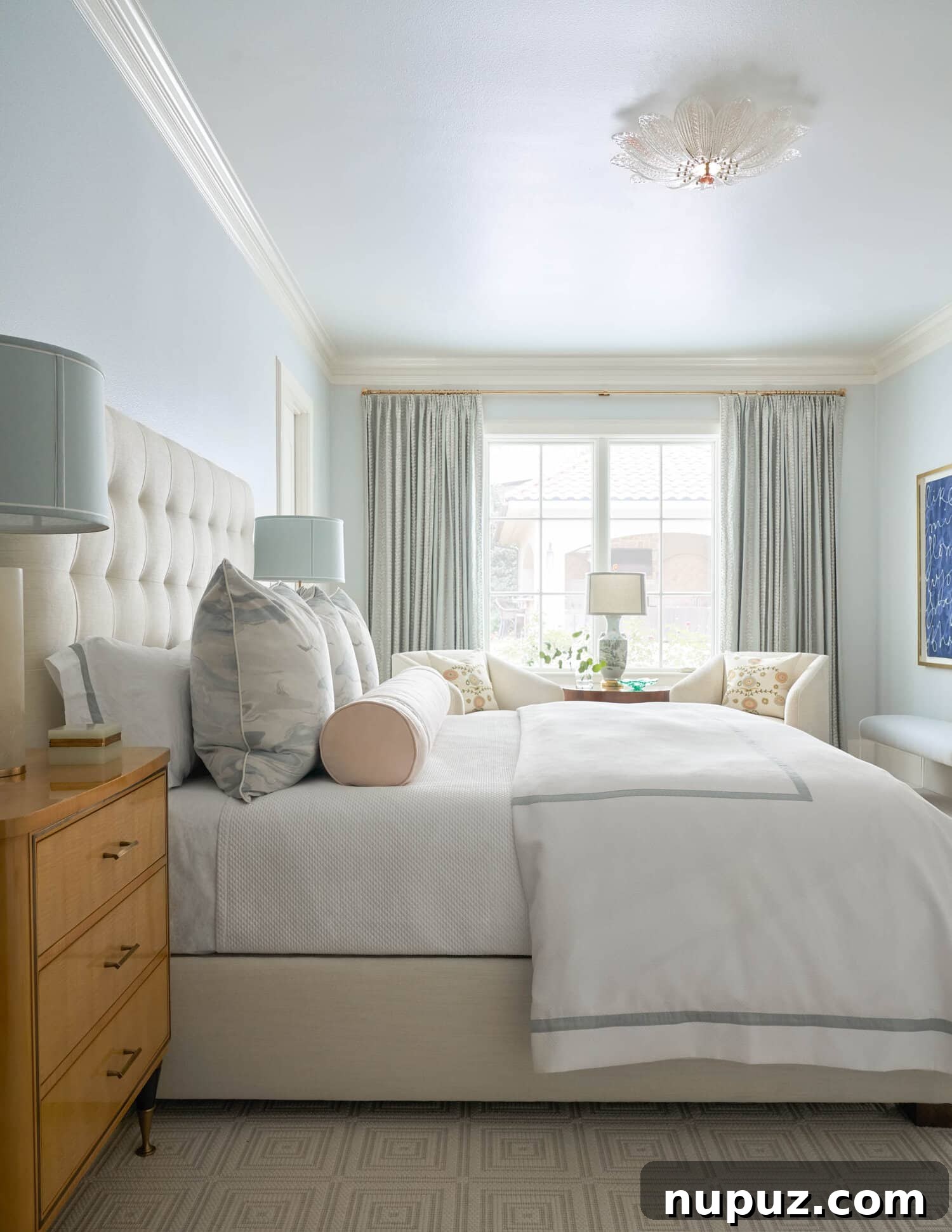 Elegant neutral bedroom with a plush bed and soft lighting by Jenkins Interiors, photographed by Nathan Schroder