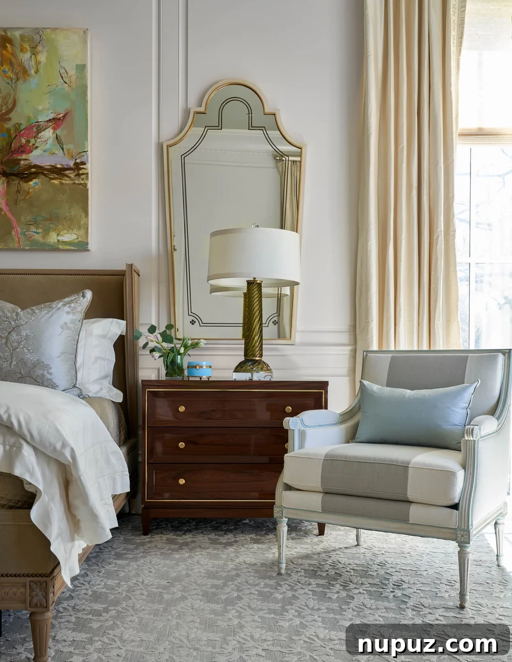 Elegant neutral bedroom with a comfortable bed and sophisticated decor by Jenkins Interiors, photographed by Nathan Schroder
