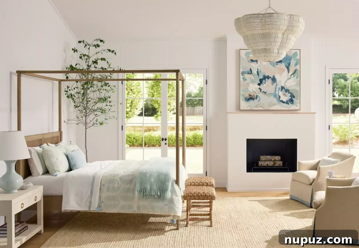 Neutral bedroom with white linens and natural woven elements from Serena & Lily