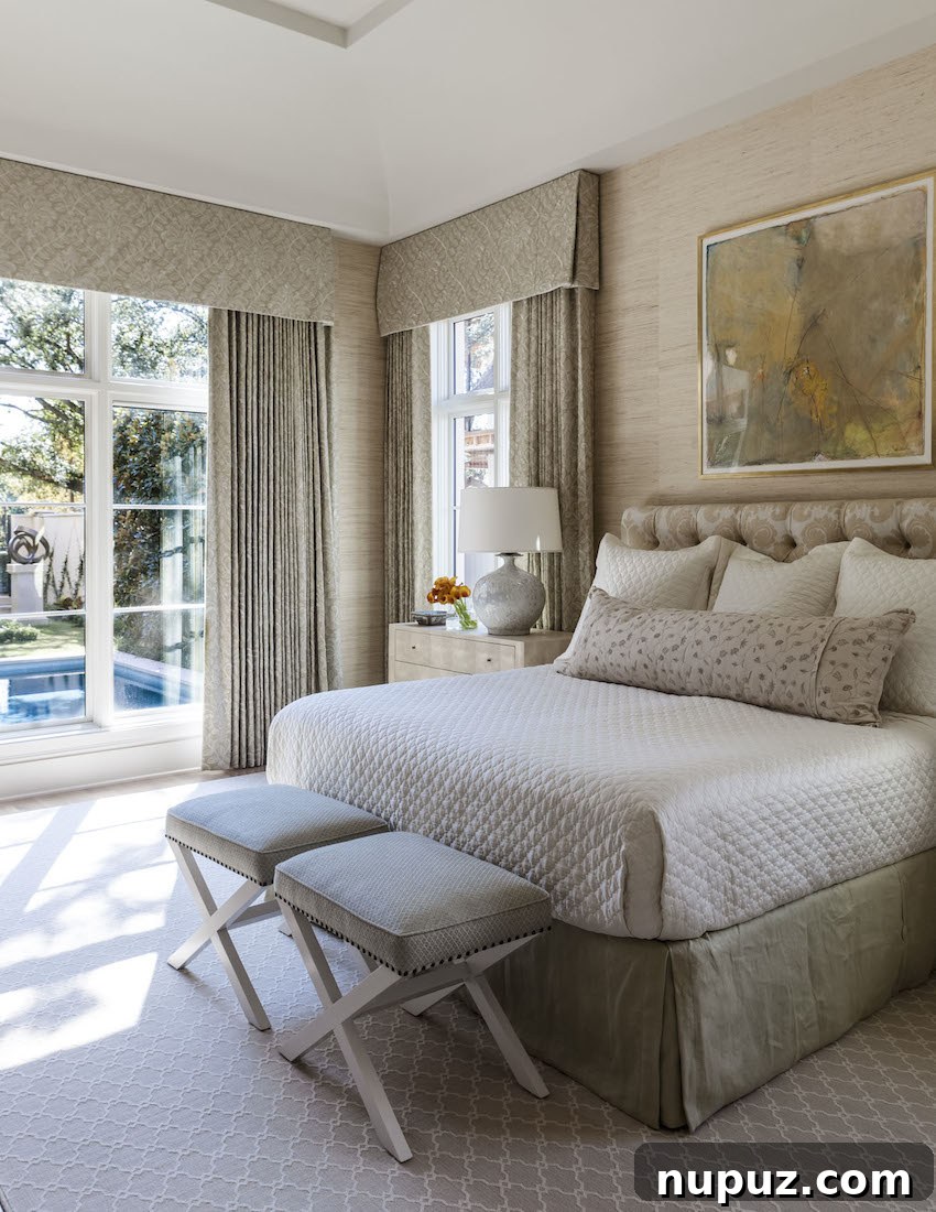 Luxury neutral bedroom with elegant furnishings by Collins Interiors, photographed by Nathan Schroder