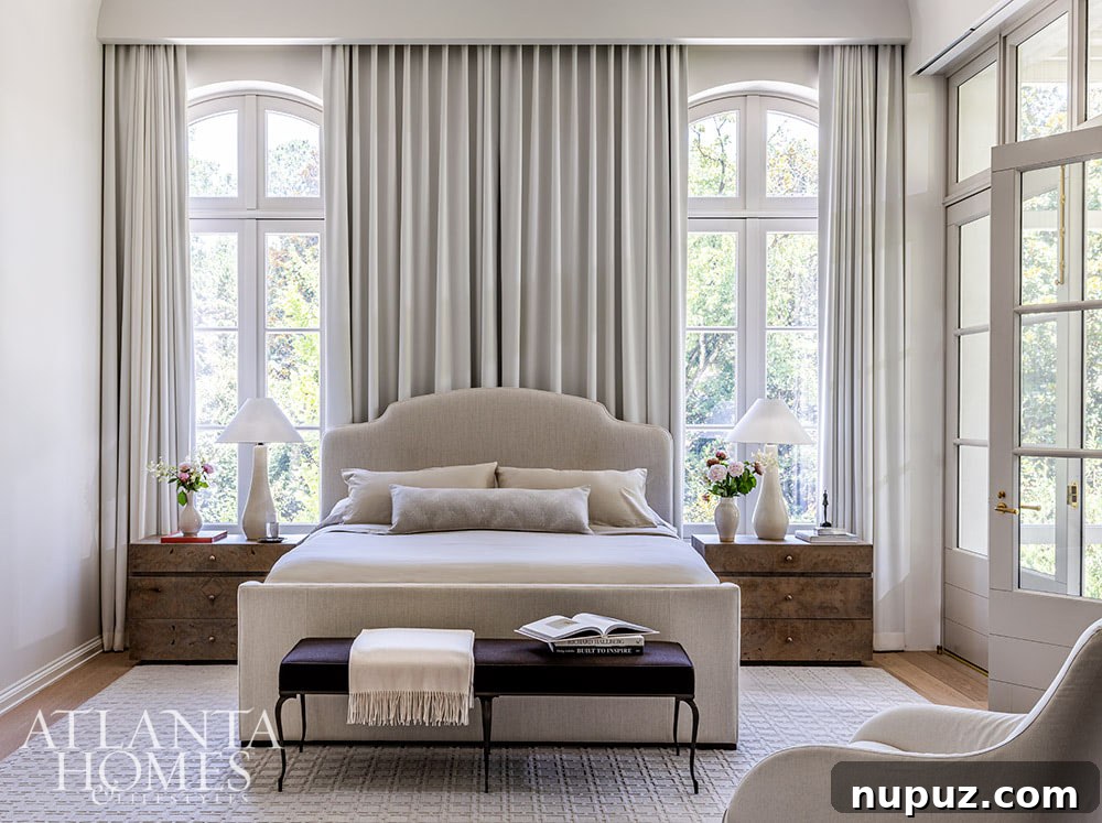 Warm neutral bedroom with inviting textiles and natural elements, styled by Eleanor Roper Stylist