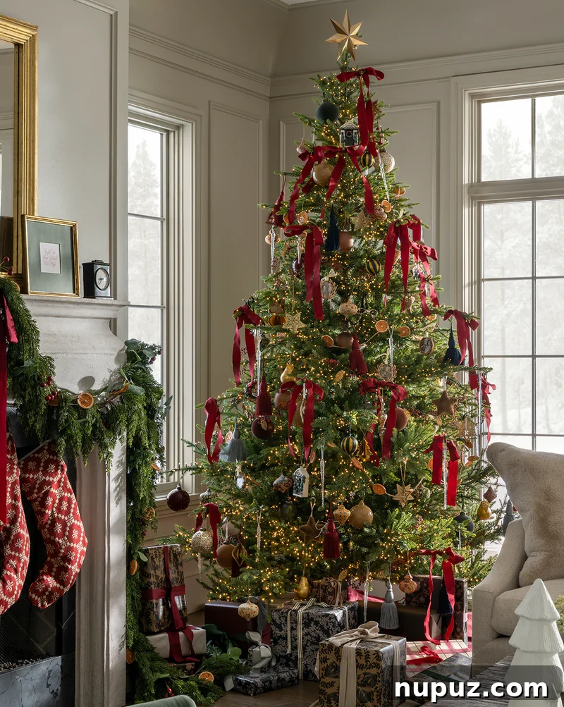 Studio McGee's festive Christmas tree, featuring a harmonious blend of textures and a radiant glow, perfect for holiday gatherings.