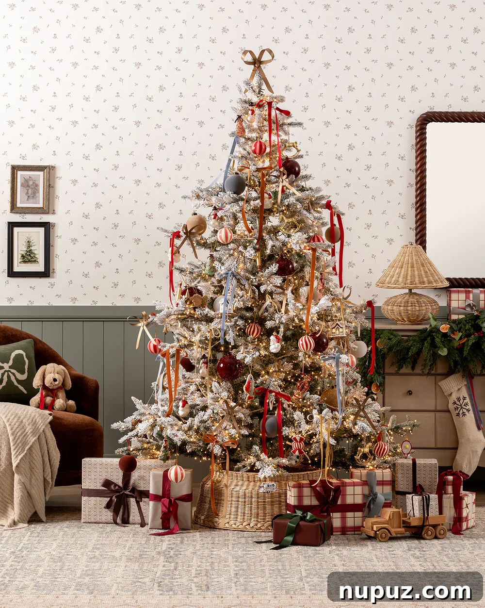 Studio McGee's iconic Christmas tree styling, blending sophisticated ornaments with lush greenery for a magical holiday atmosphere.