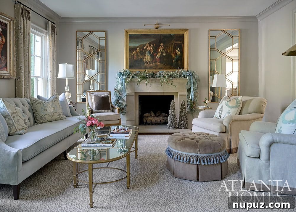 Festive living room with classic holiday decorations, a grand Christmas tree, and cozy seating. Interior design by Michelle Doughtie, Schilling & Co.