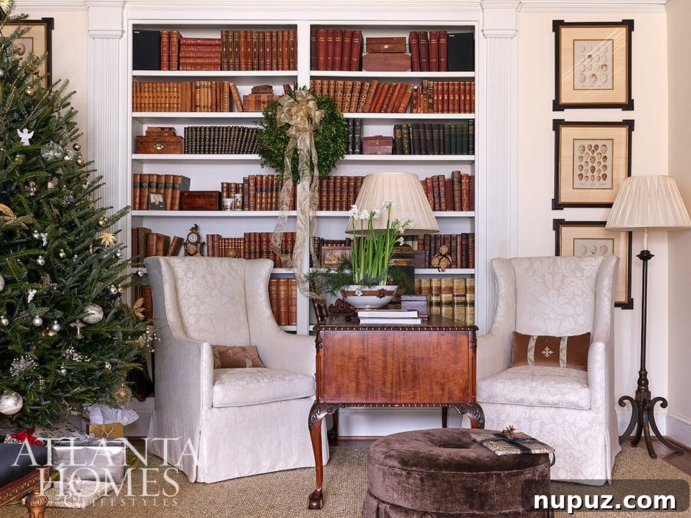 Elegant living room with a grand piano and festive Christmas decorations, creating a luxurious holiday atmosphere. Interior design by Liza Bryan Interiors.