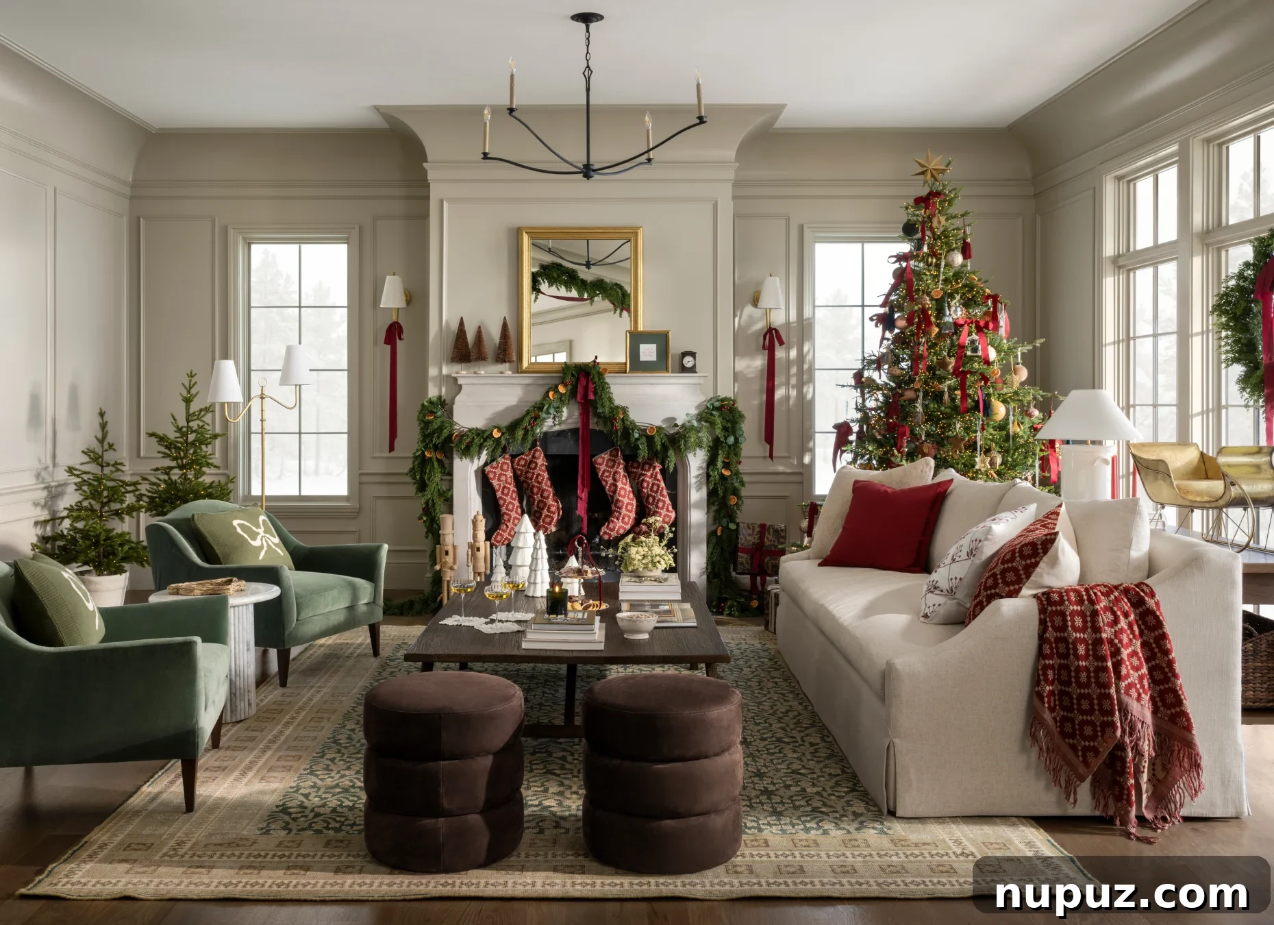 Studio McGee designed living room featuring a cozy fireplace, light-toned furniture, and natural wood accents. Photography by Lucy Call.