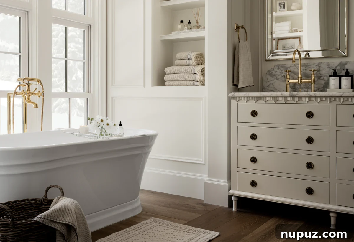 Elegant Studio McGee bathroom with a sleek freestanding tub, sophisticated tile work, and warm wood accents. Photography by Lucy Call.
