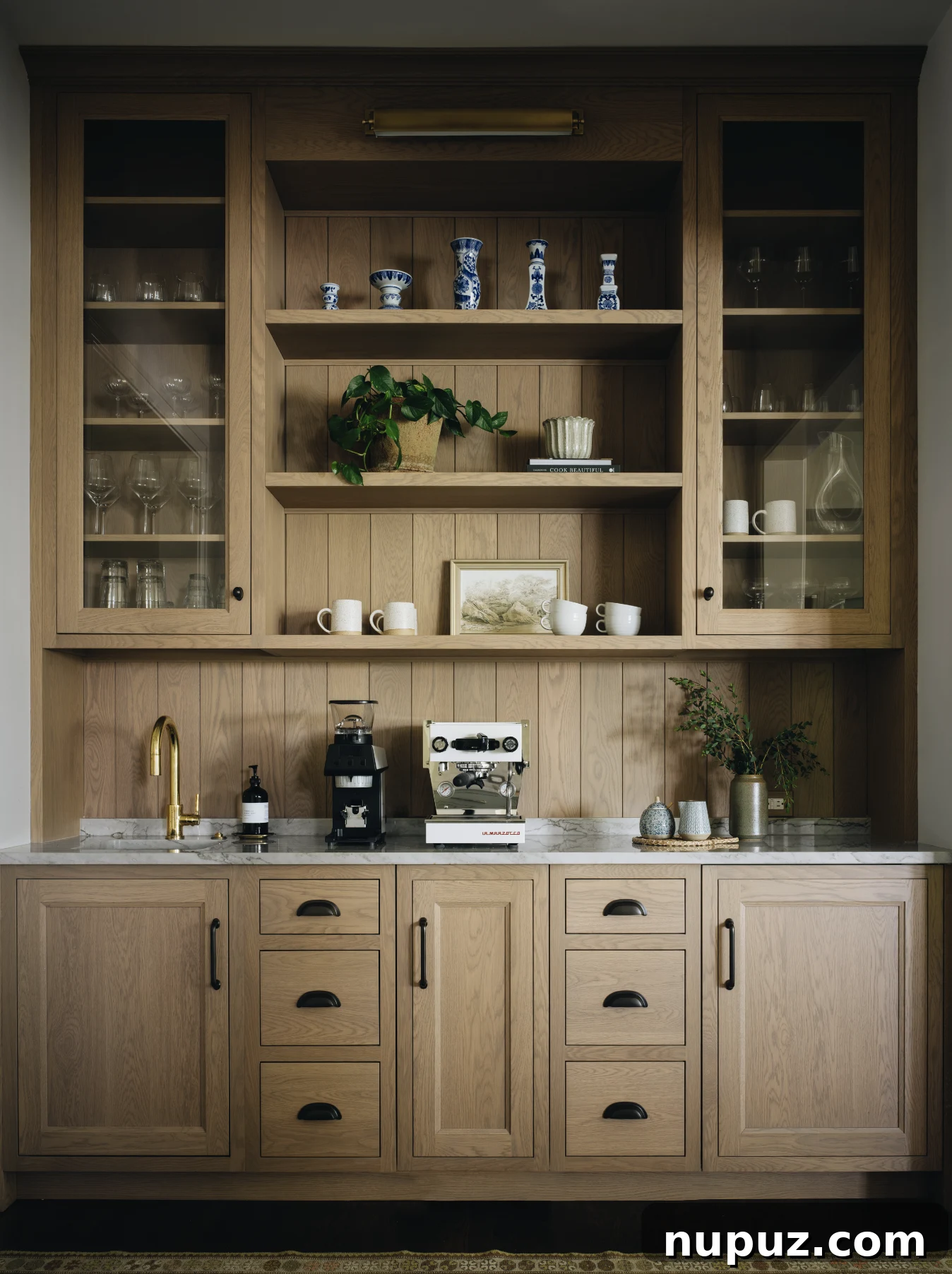 Designing Your Ultimate Home Coffee Bar 4 Modern kitchen coffee bar with integrated coffee maker and sleek appliances, designed for optimal organization and a smooth brewing process.