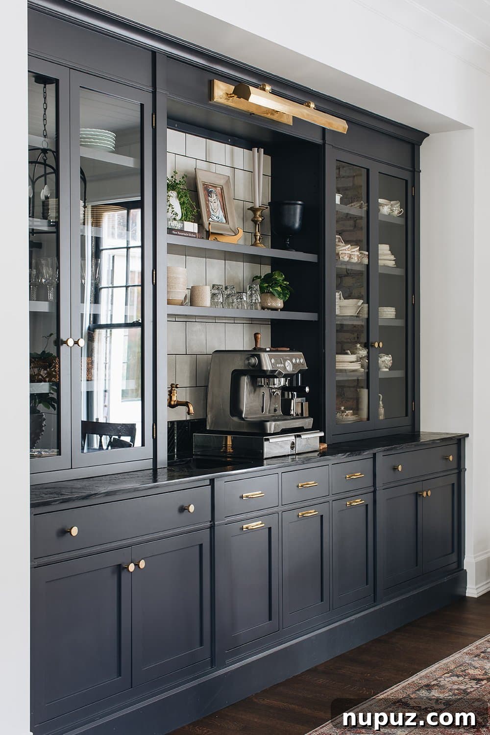 Designing Your Ultimate Home Coffee Bar 6 Artfully styled kitchen coffee bar featuring cohesive design elements like patterned tiles and unique shelving, enhancing the overall kitchen aesthetic.