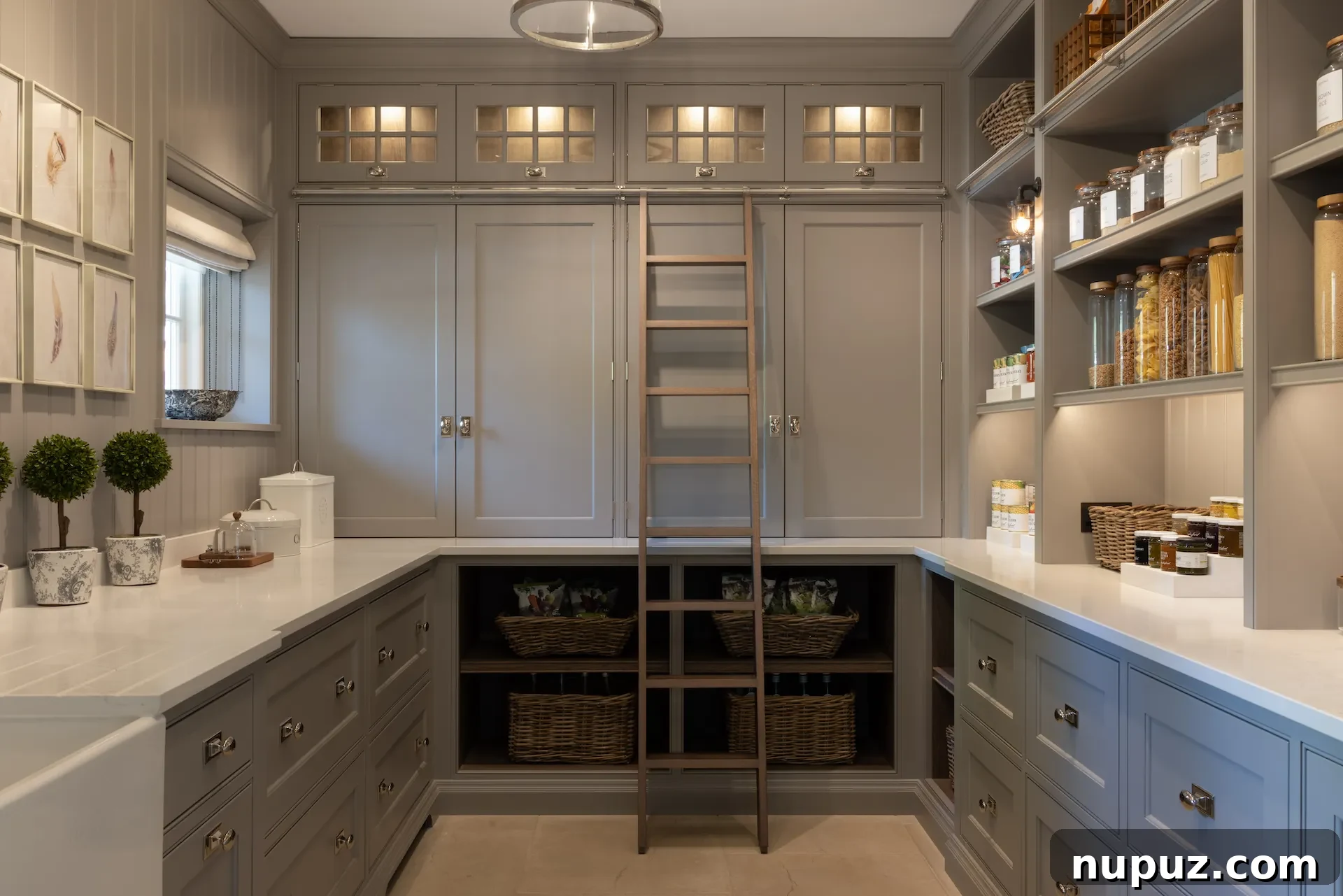 Humphrey Munson kitchen featuring a stylish library ladder accessing high cabinetry, optimizing vertical storage, by Paul Craig Photography.