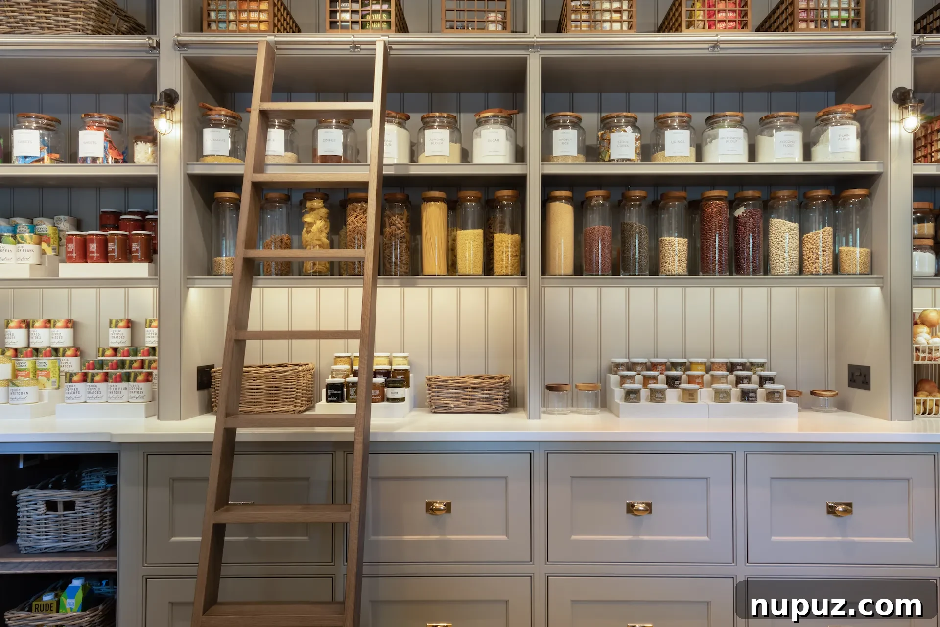 Pantry display in a Humphrey Munson kitchen, showing organized rows of glass jars, Paul Craig Photography.