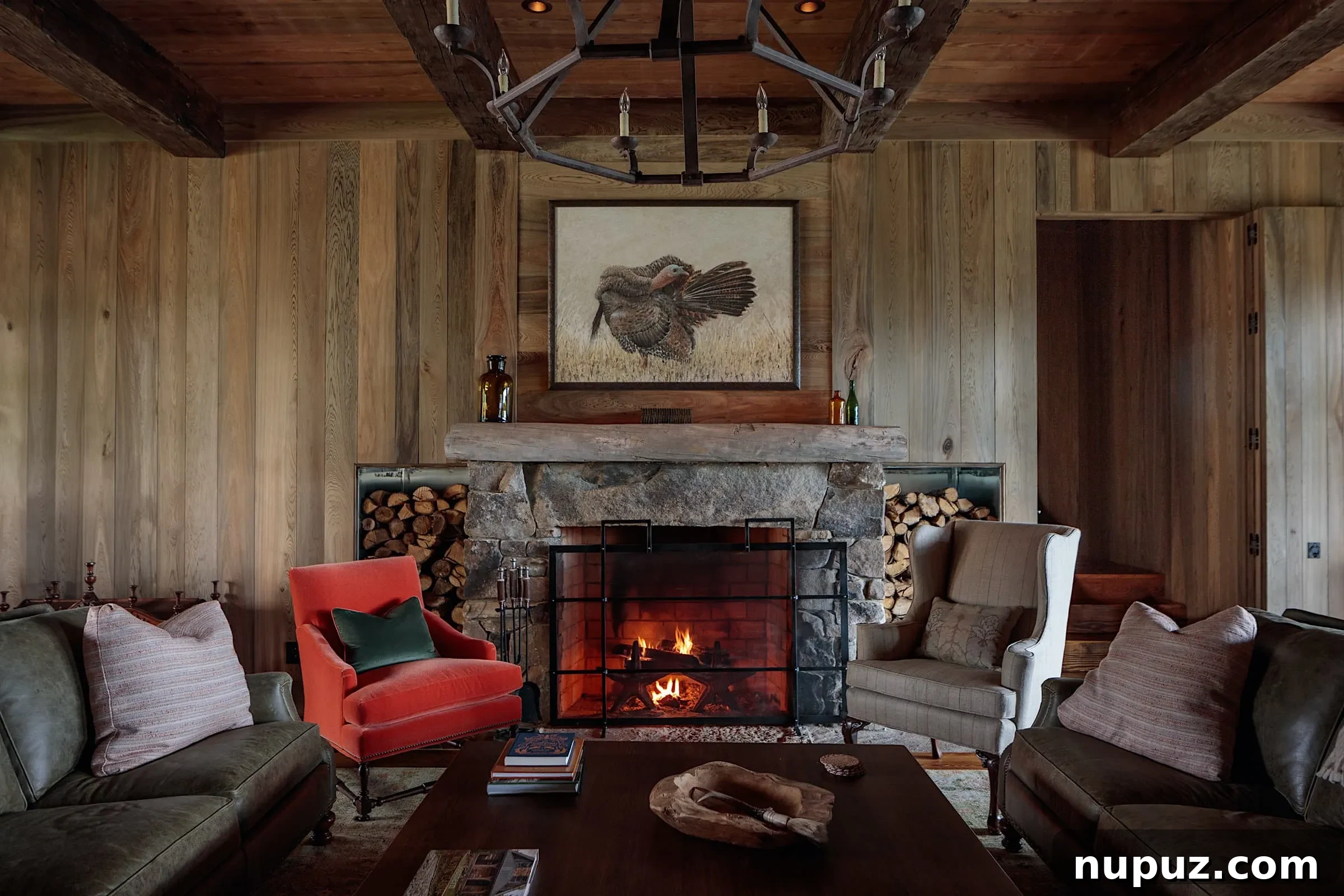 Cozy living room with warm wood tones, inviting neutral furniture, and elegant accents, designed by Design Atelier.